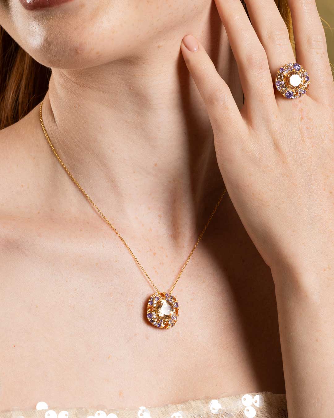 SQUARE CHAMPAGNE WITH CLUSTER MULTICOLOR CRYSTALS NECKLACE IN 925 GOLD PLATED