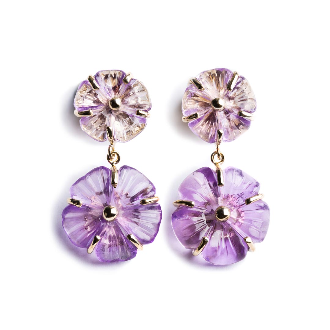 ARETES ORO AMARILLO 14KT CON FLORES AMATISTA