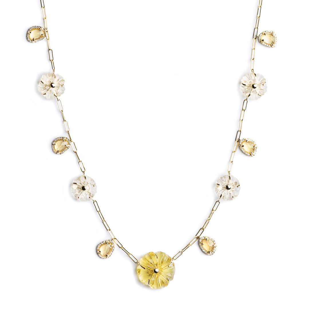 D0.49 CT COLLAR ORO AMARILLO 14KT CON FLORES CITRINA Y AMATISTA VERDE Y CITRINAS POLKI