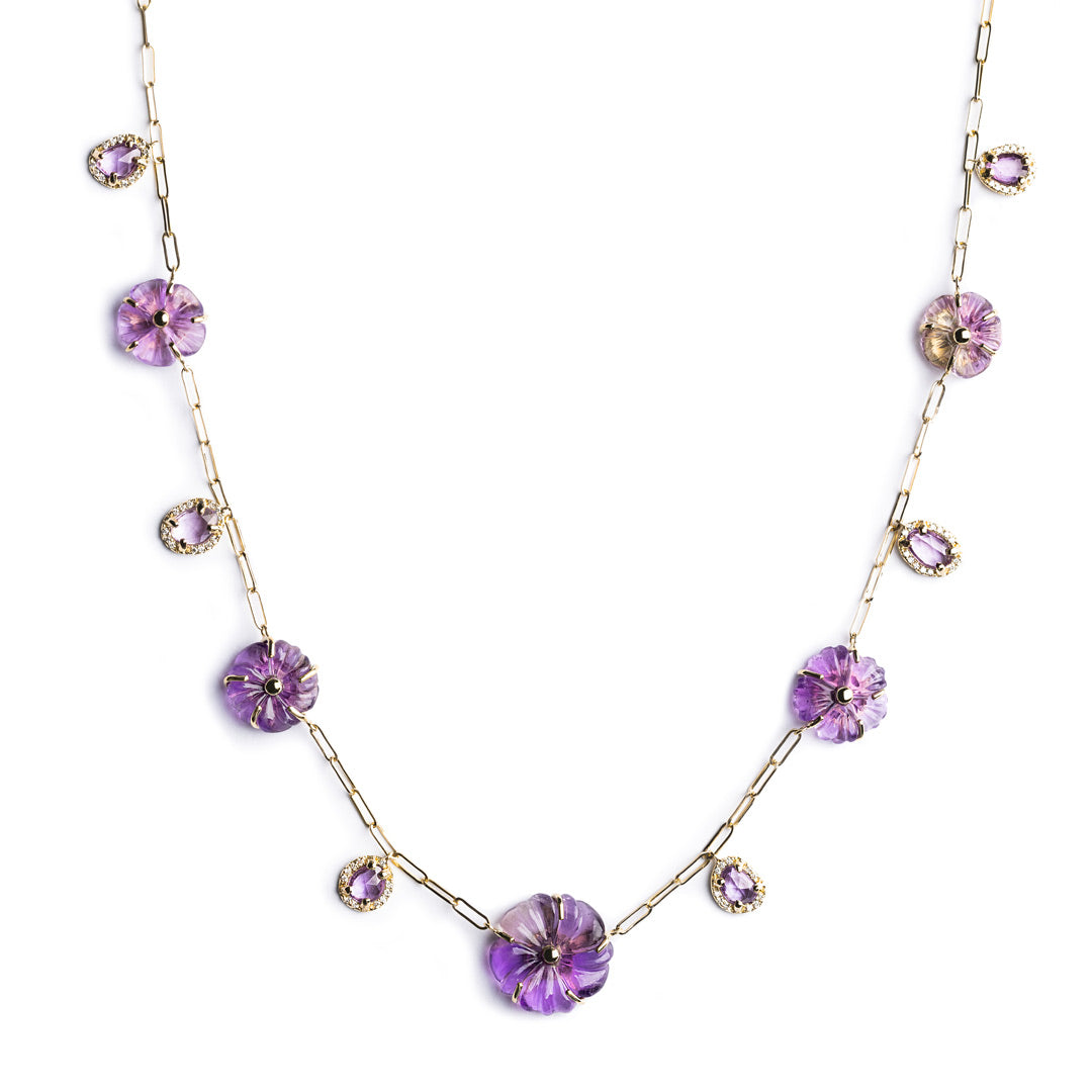 D0.37 CT COLLAR ORO AMARILLO 14KT CON FLORES AMATISTA MORADA Y AMATISTA POLKI