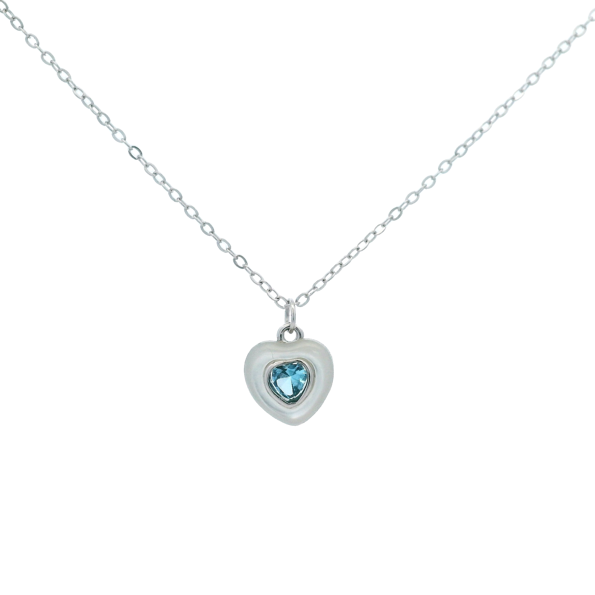 925 STERLING SILVER HEART SKY BLUE CUBIC ZIRCONIA AND SHELL PEARL NECKLACE