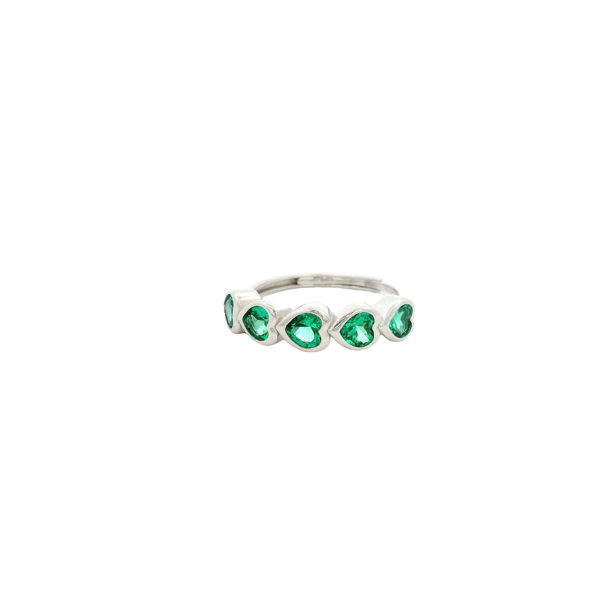 925SS FIVE HEARTS GREEN CZ ADJUSTABLE RING