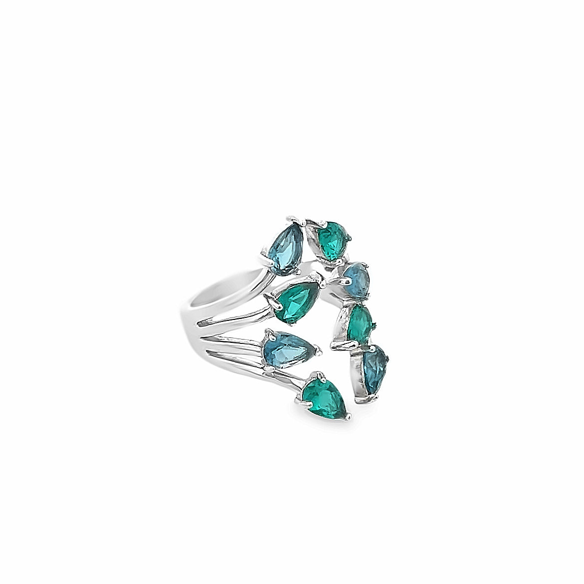 925 SILVER PLATED RING WITH GREEN AND SKY BLUE CRYSTALS