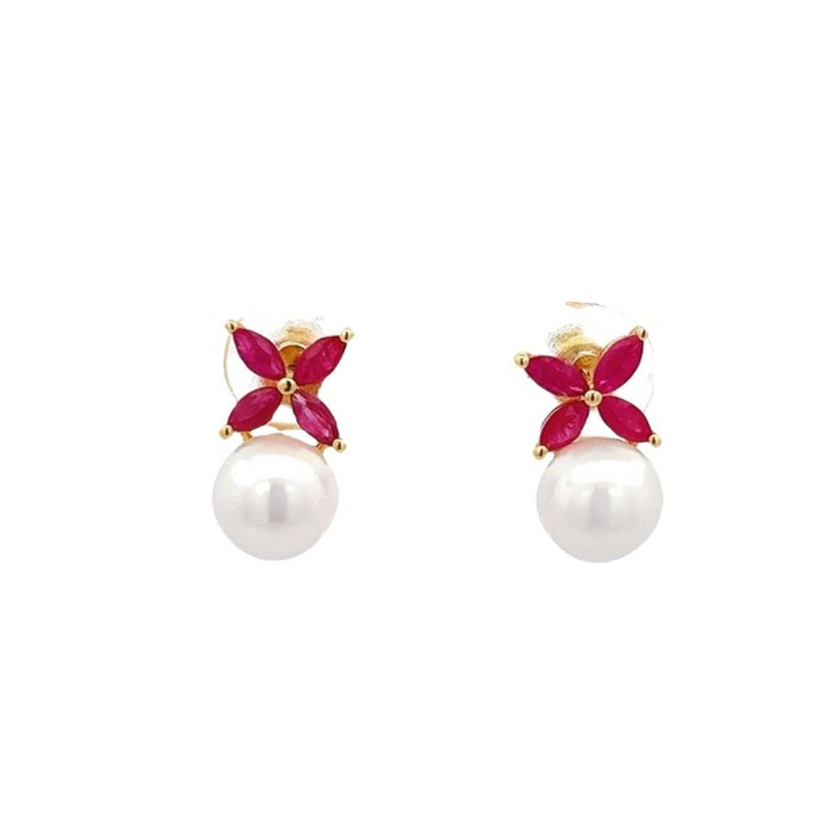 14KY EARRINGS WITH WHITE PEARL AND PINK FLOWER