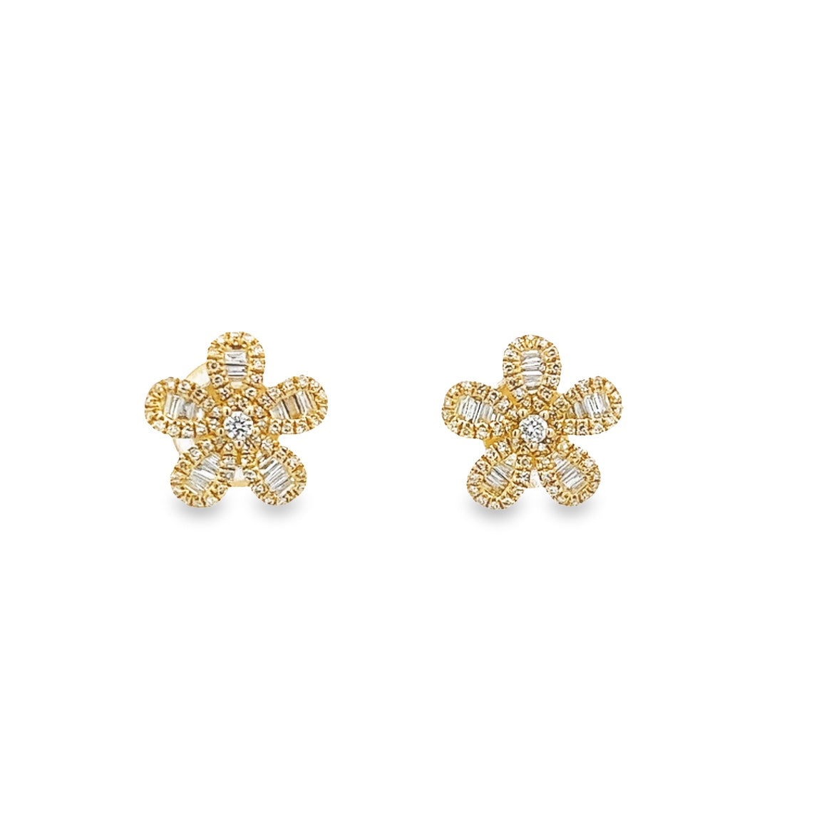 D0.21 14KY BAGUETTE DIAMOND FLOWER STUD EARRING