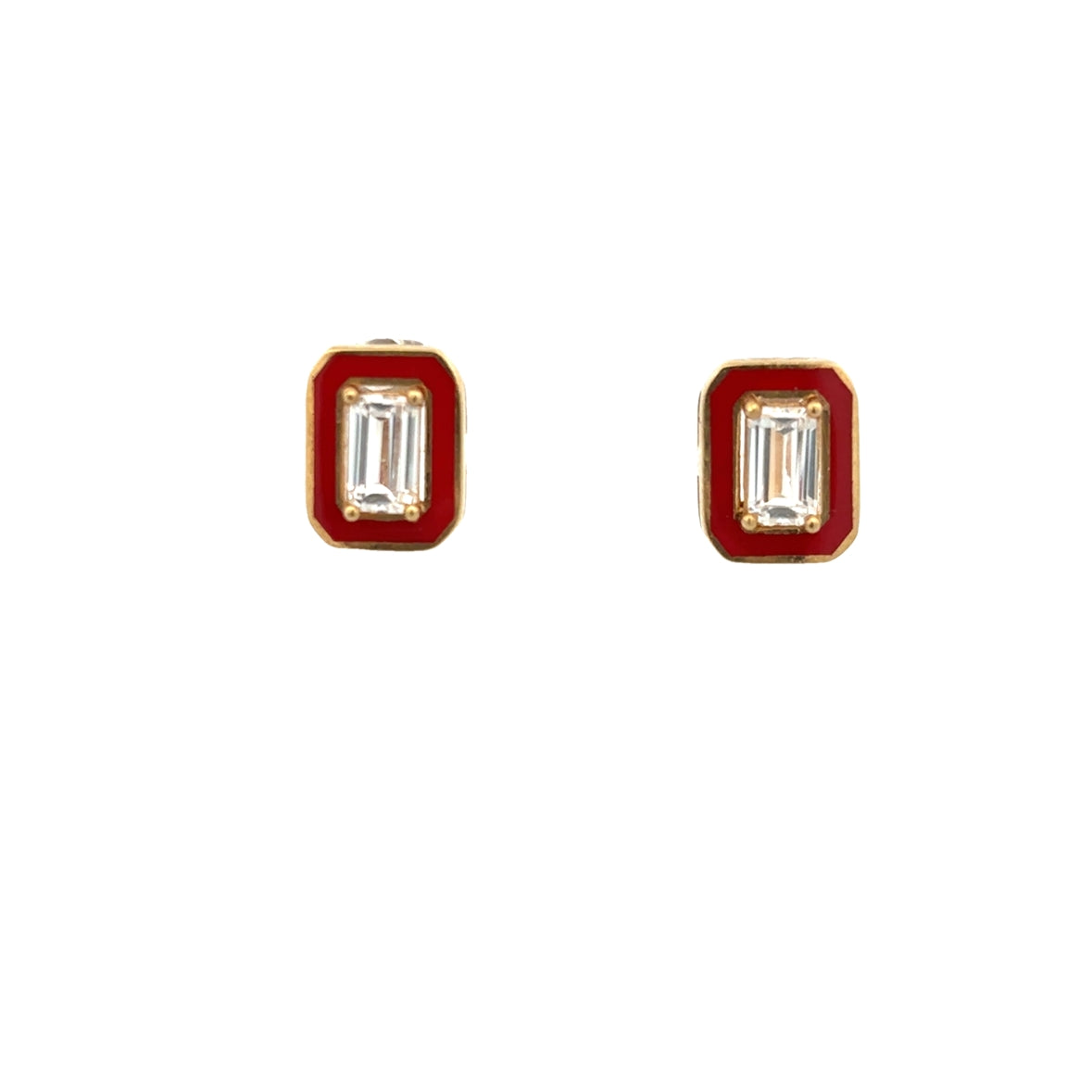 EMERALD CUT CRYSTAL EARRINGS WITH BLACK ENAMEL SET IN 925 SILVER GOLD PLATED