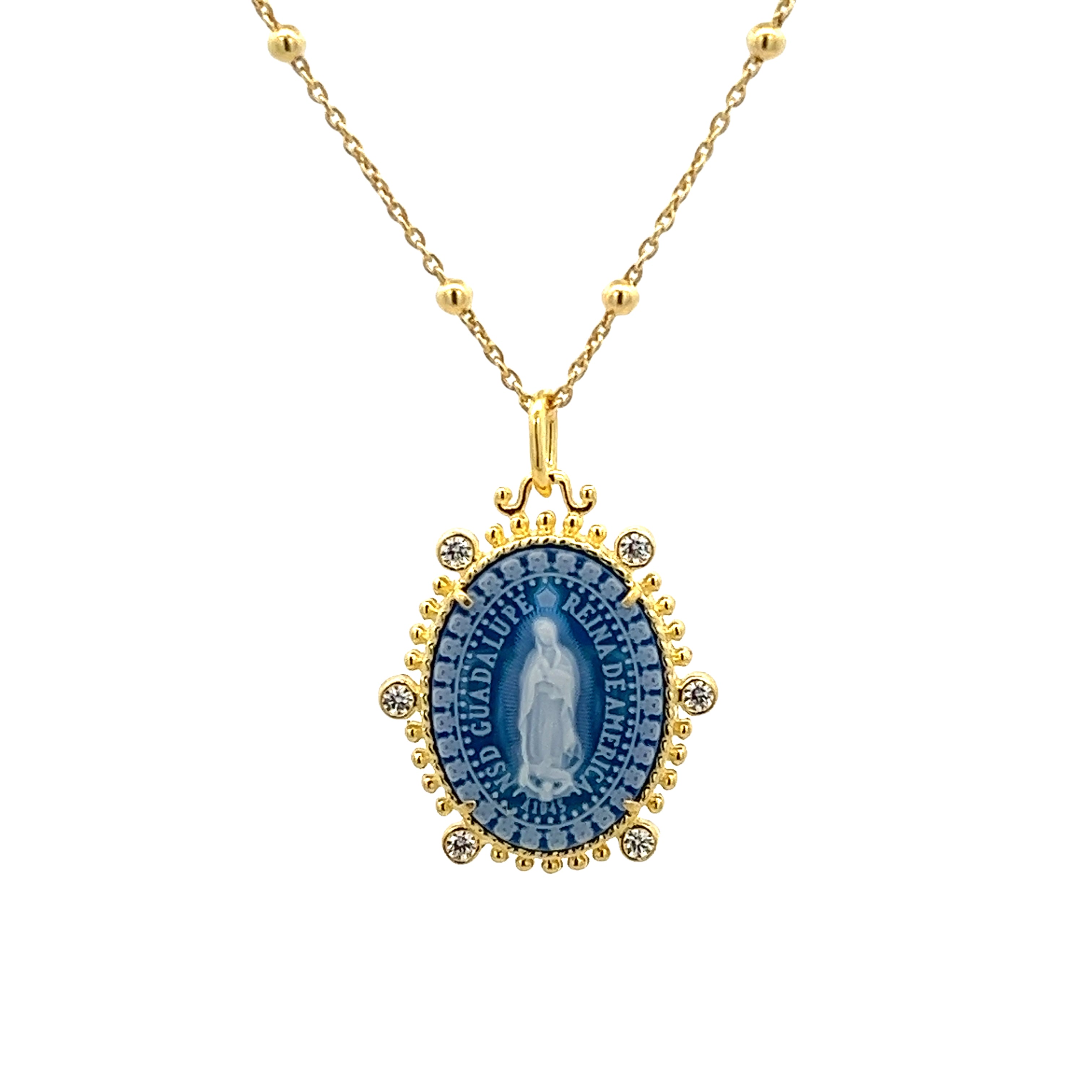 COLLAR CON CAMAFEO DE LA VIRGEN GUADALUPE EN AGATA AZUL CON CRISTALES EN PLATA 925 CON BAÑO DE ORO AMARILLO