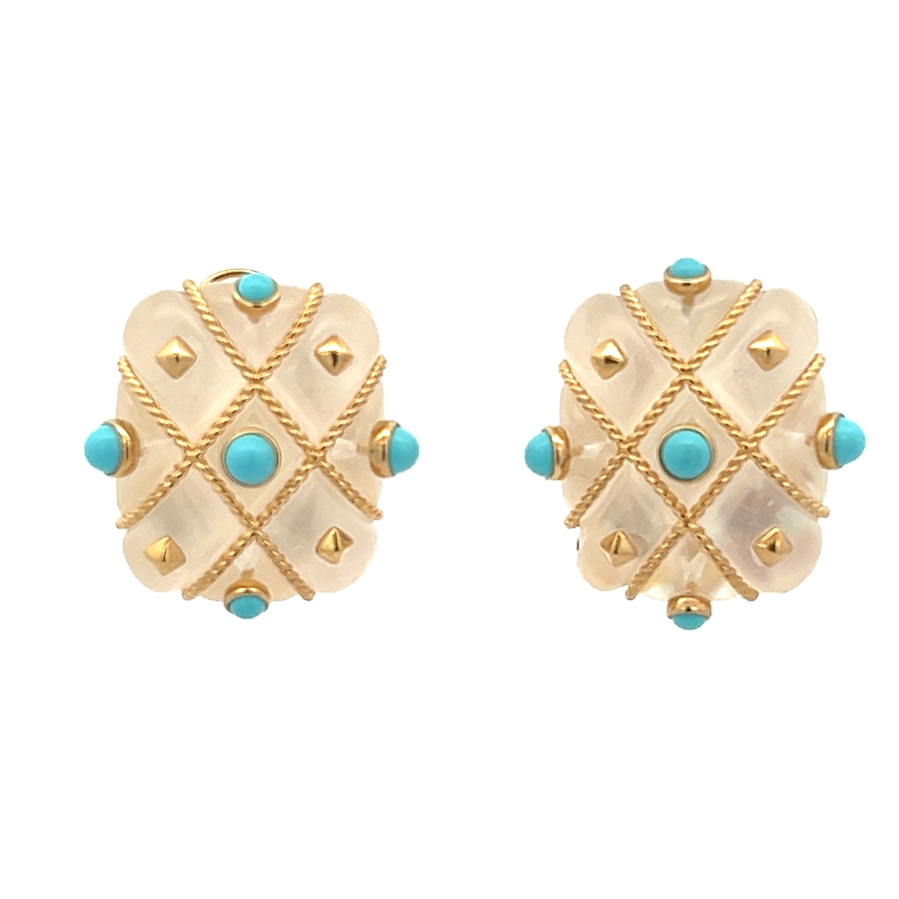 18KY EARRINGS TURQUOISE 1.85CT CRYSTAL MOTHER OF PEARL 2.88CT