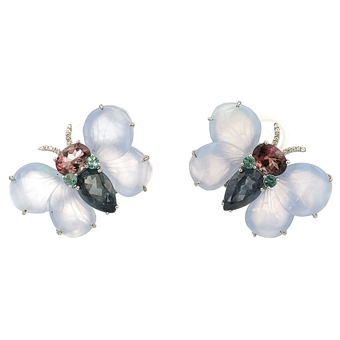 D0.07CT 18KW BUTTERFLY EARRINGS TOURMALINE 7.62CT CHALCEDONY 31.9CT