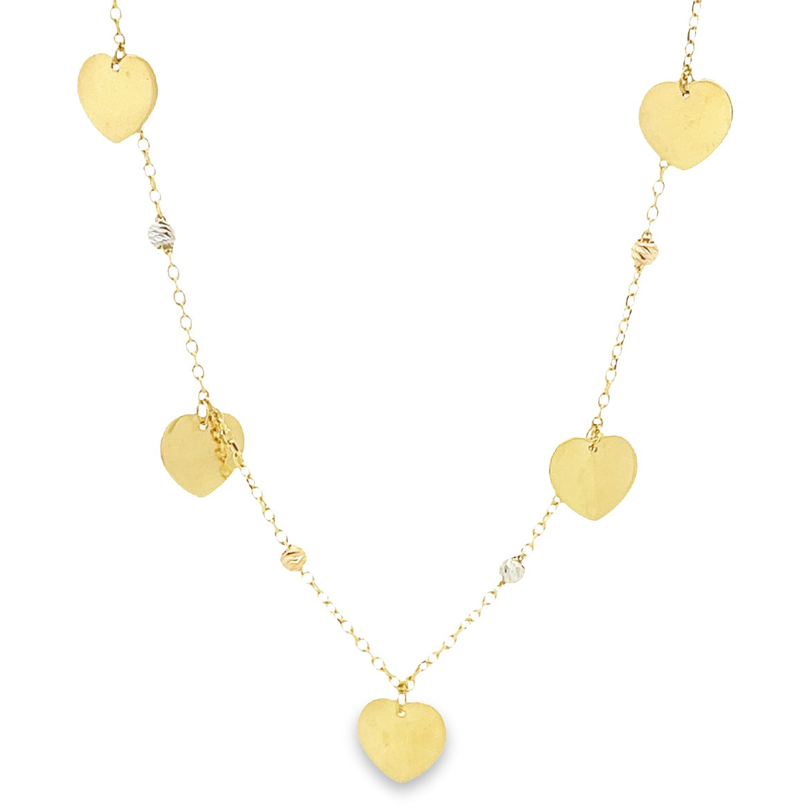 14KY CADENA MULTI CHARMS DE CORAZON EN PLACA LISA