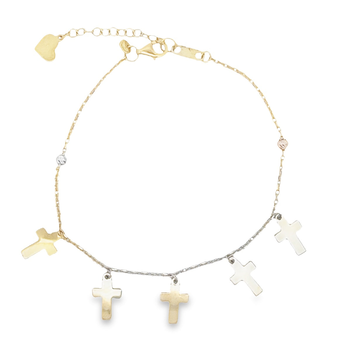 14K GOLD TRICOLOR CROSS CHARMS BRACELET