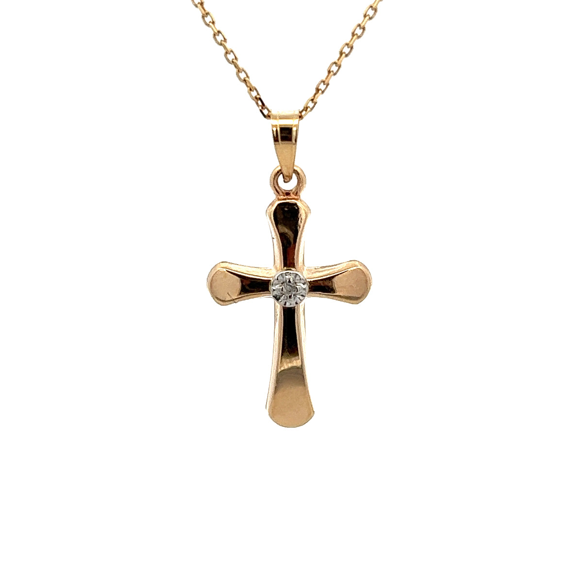 14K GOLD CROSS WITH ROUND EDGES AND CRYSTAL