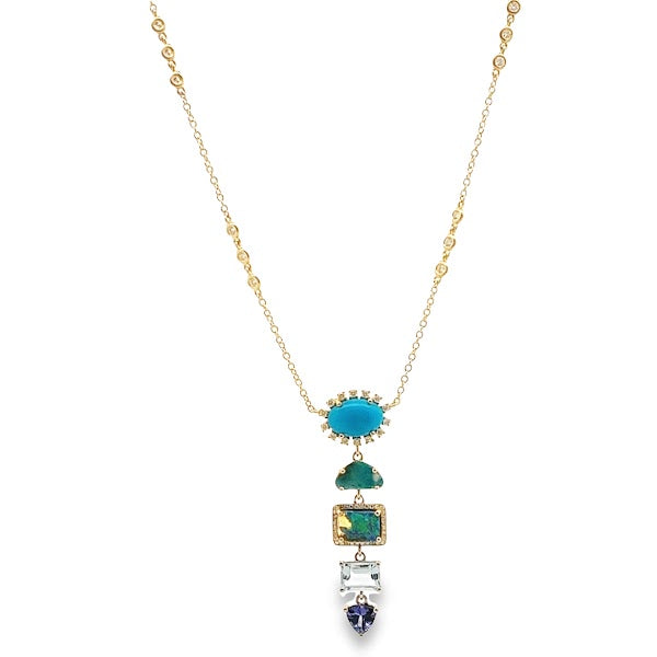 D0.44 14KY OPAL TURQUOISE AGUAMARINE TANZANITE NECKLACE