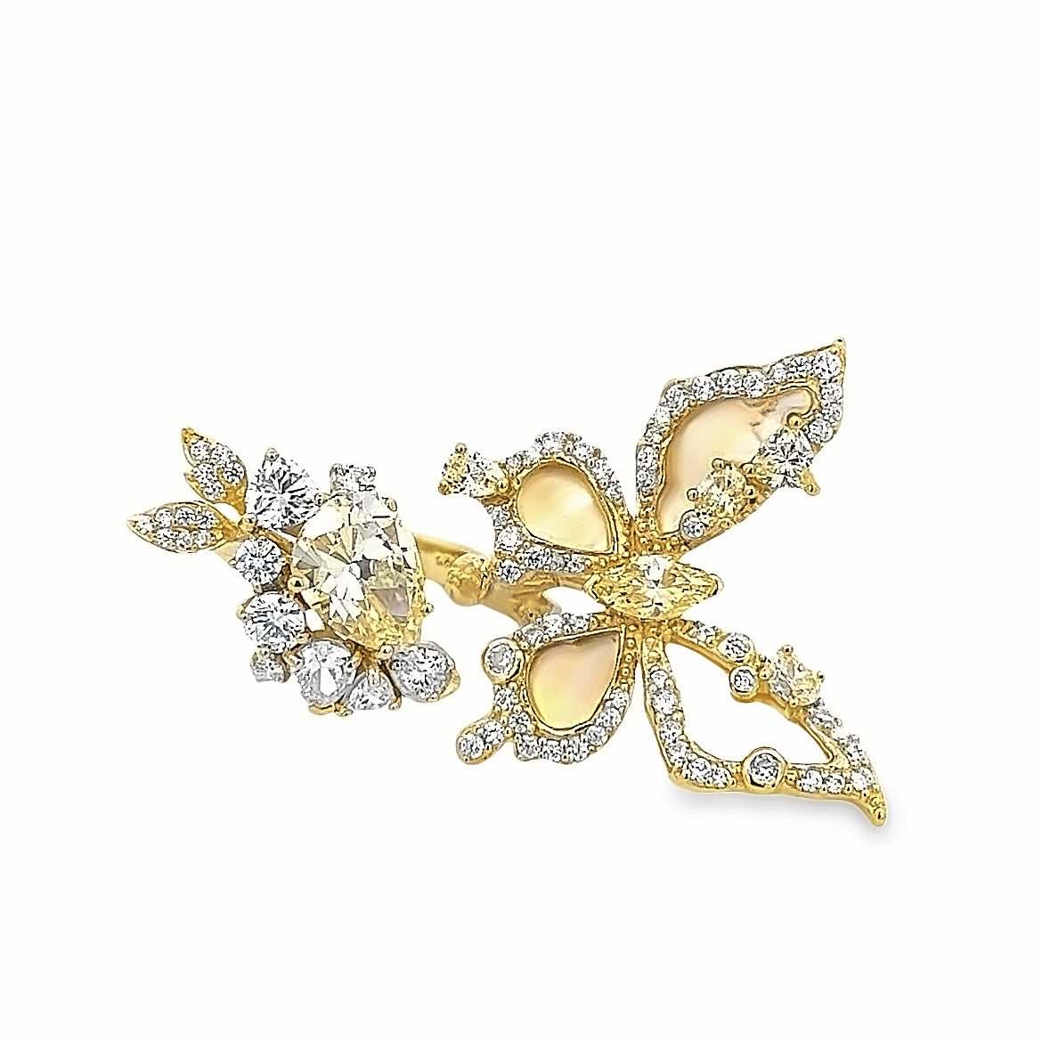 RING SILVER CENTER YELLOW MOP CANNARY WHITE CZ