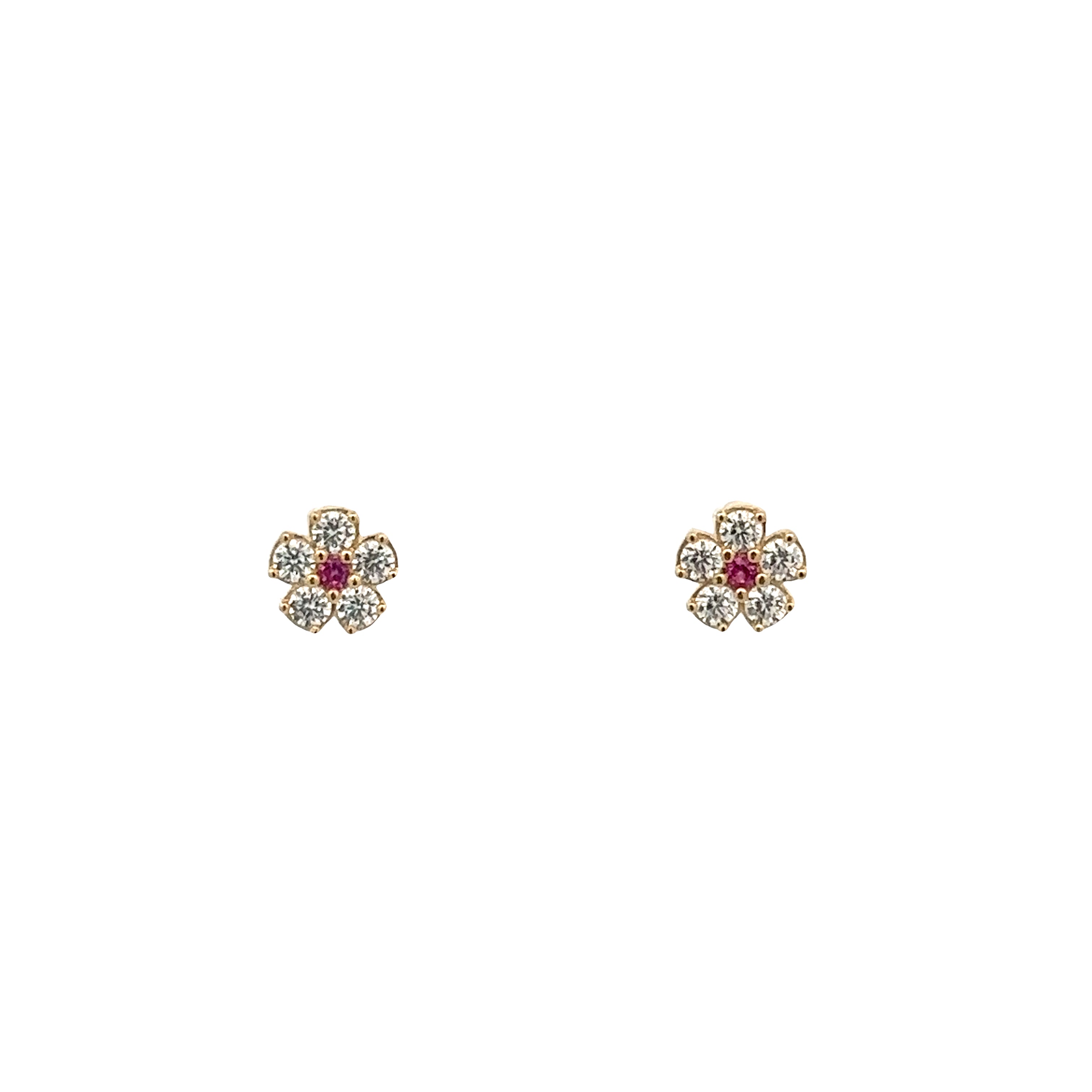 14K GOLD FLOWER WITH RED CRYSTALS EARRINGS