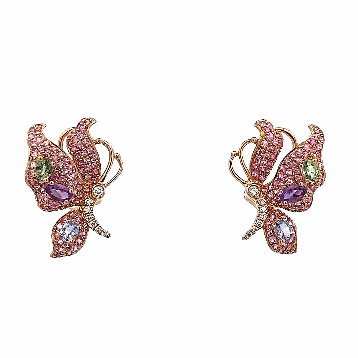 18K ROSE GOLD BUTTERFLY EARRINGS WITH MULTI SAPPHIRES