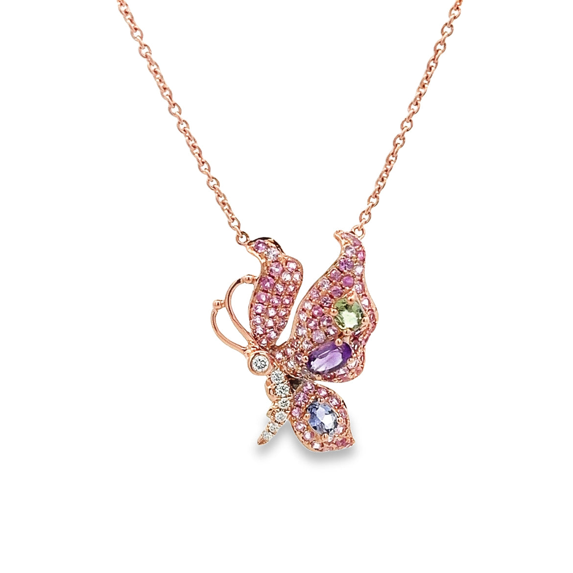 18K ROSE GOLD BUTTERFLY NECKLACE WITH MULTI SAPPHIRES