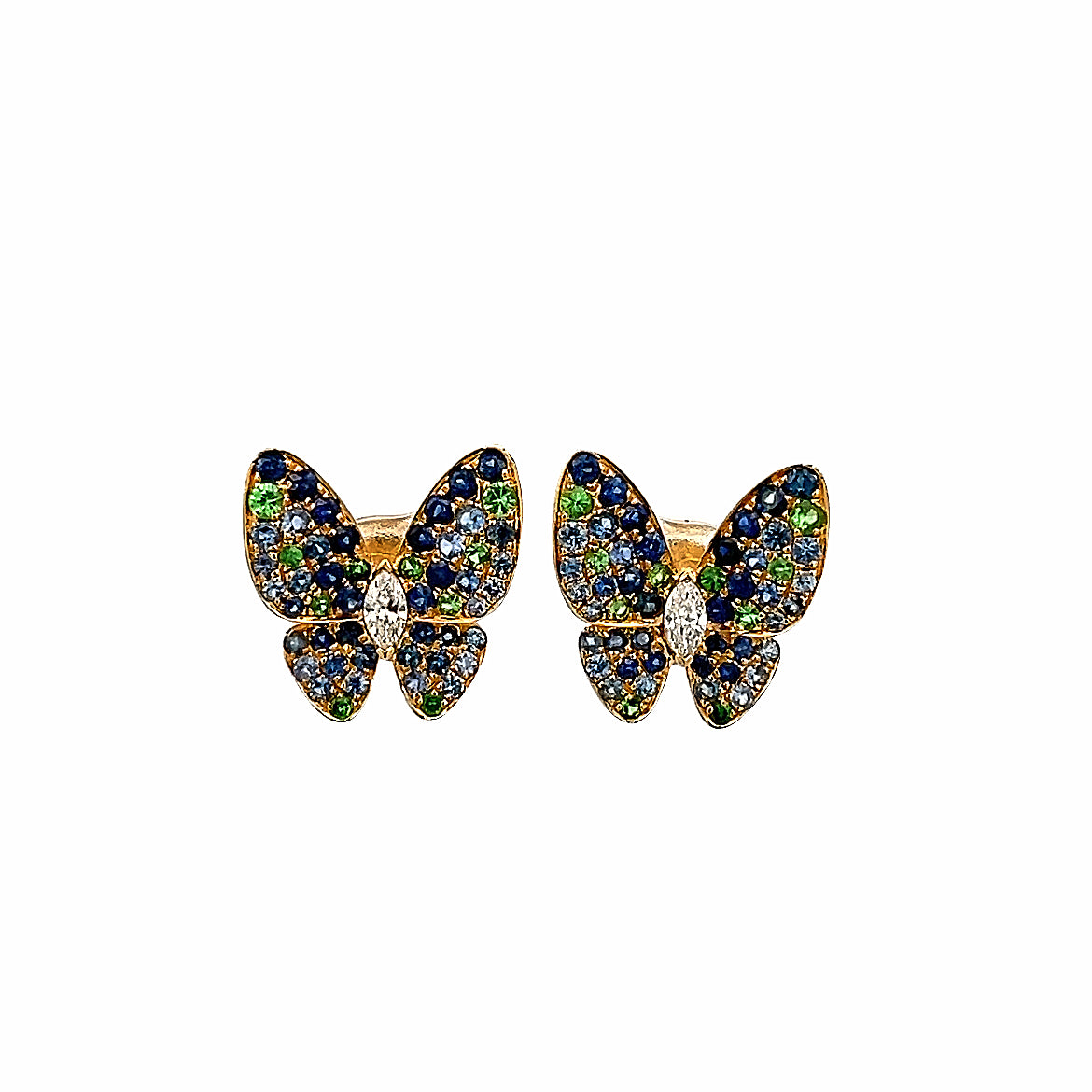 18K GOLD BUTTERFLY EARRINGS WITH GREEN GARNET AND BLUE SAPPHIRE