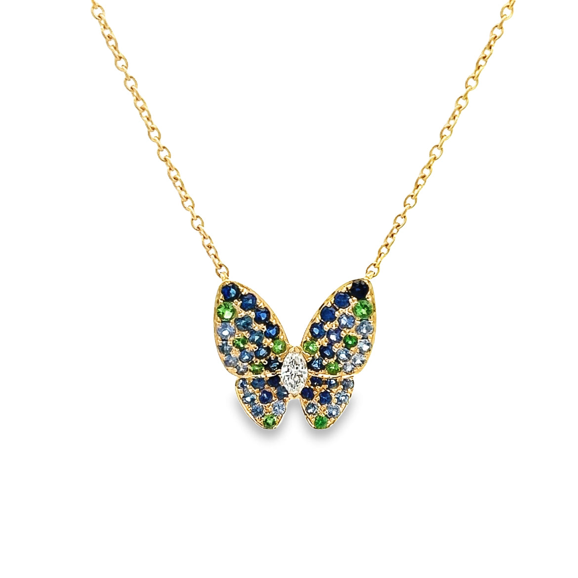 18K GOLD BUTTERFLY NECKLACE WITH GREEN GARNET AND BLUE SAPPHIRE