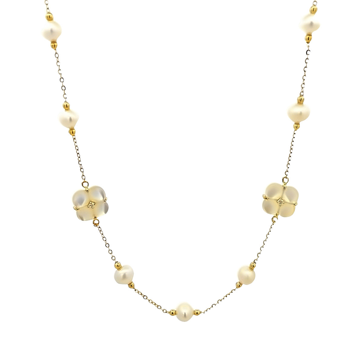 18KY FLOWER SMALL MOTHER OF PEARL FLOWER AND PEARLS NECKLACE