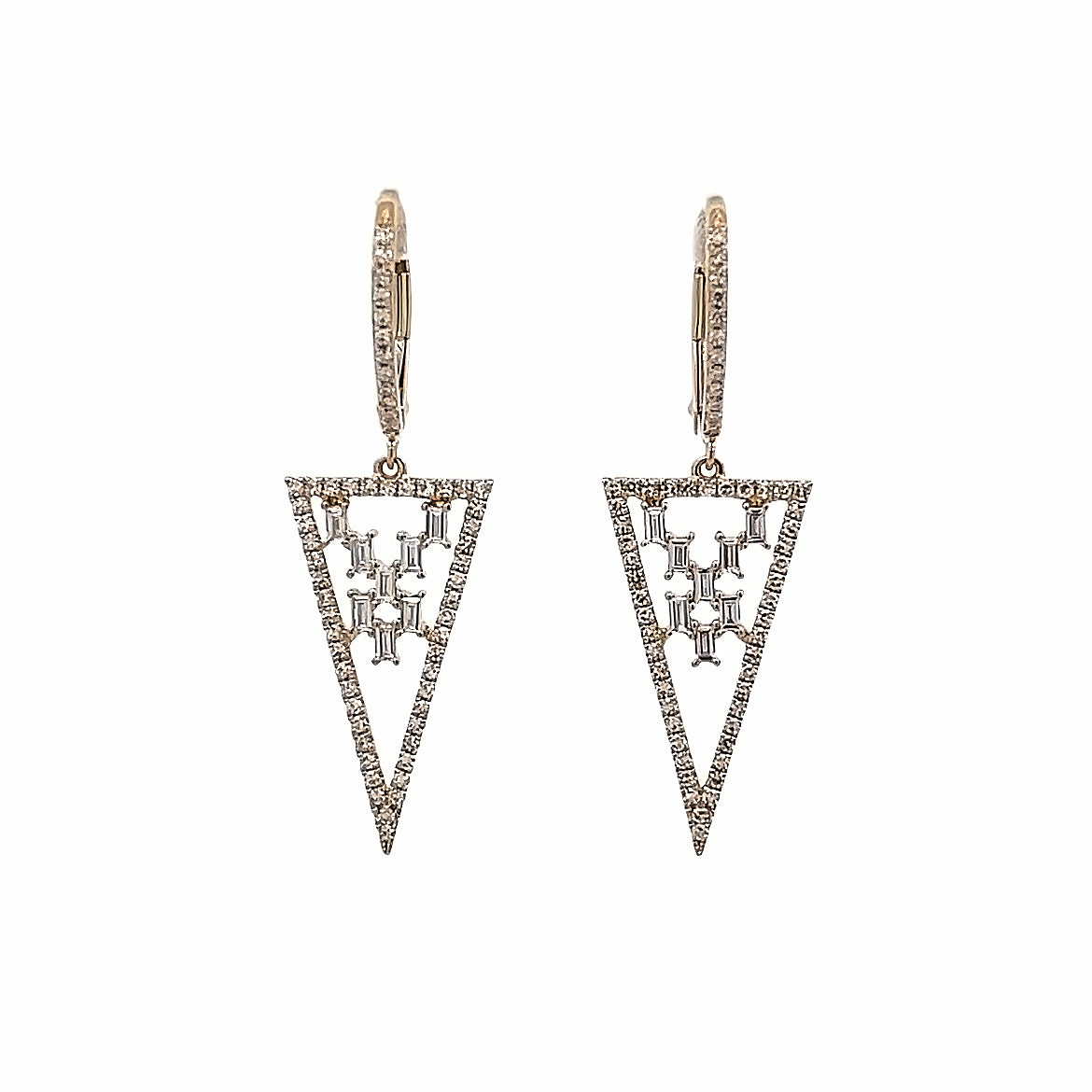 D0.58CT 14KY TRIANGLE WITH BAGUETTE IN THE CENTER EARRING