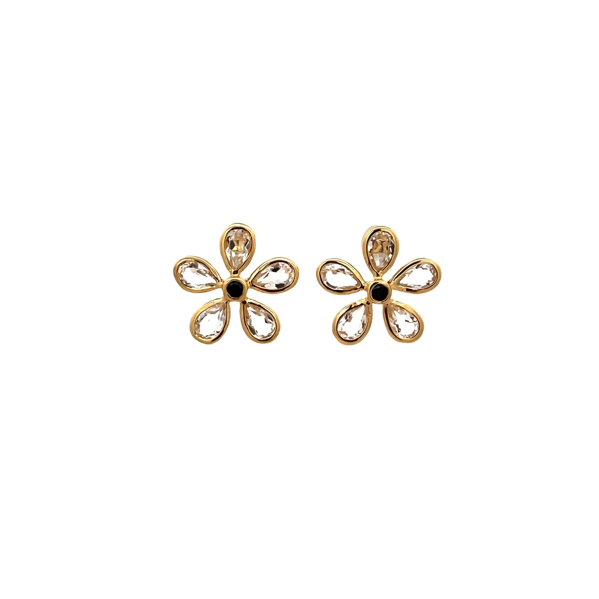 925YG FLOWER 5 PETAL BEZEL ROCK CRYSTAL AND SPINEL BLACK EARRING