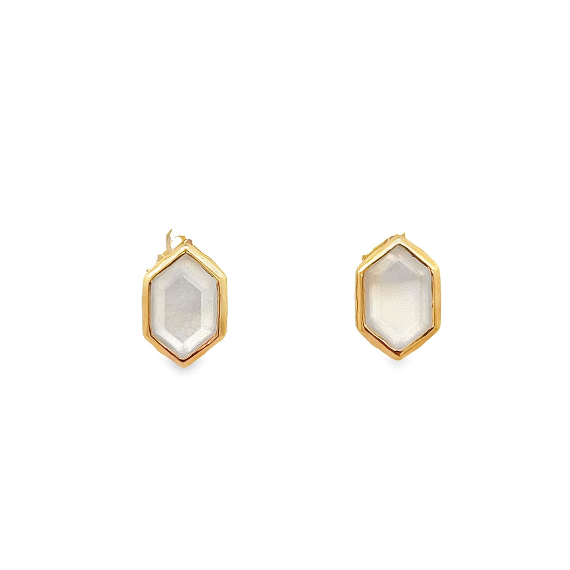 WHITE MOONSTONE HEXAGONAL BEZEL EARRINGS SET IN 925 GOLD PLATED