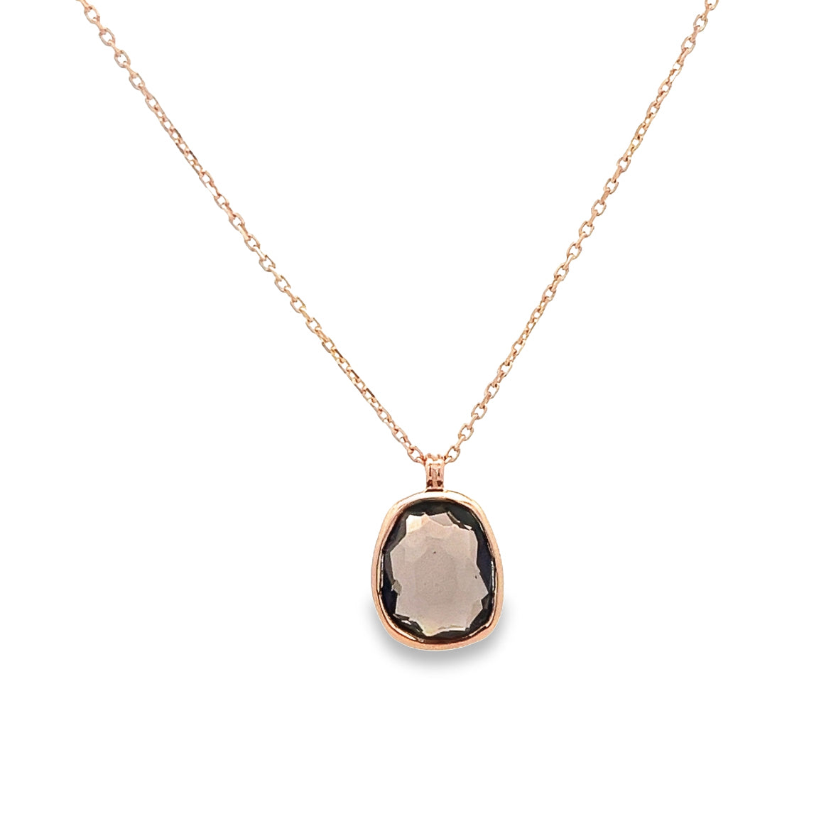 IRREGULAR BEZEL SMOKY QUARTZ NECKLACE SET IN 925 ROSE GOLD PLATED