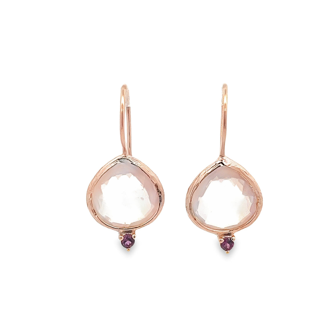 925RG PEAR IRREGULAR BEZEL ROSE QUARTZ BIRTHSTONE GARNET EARRING