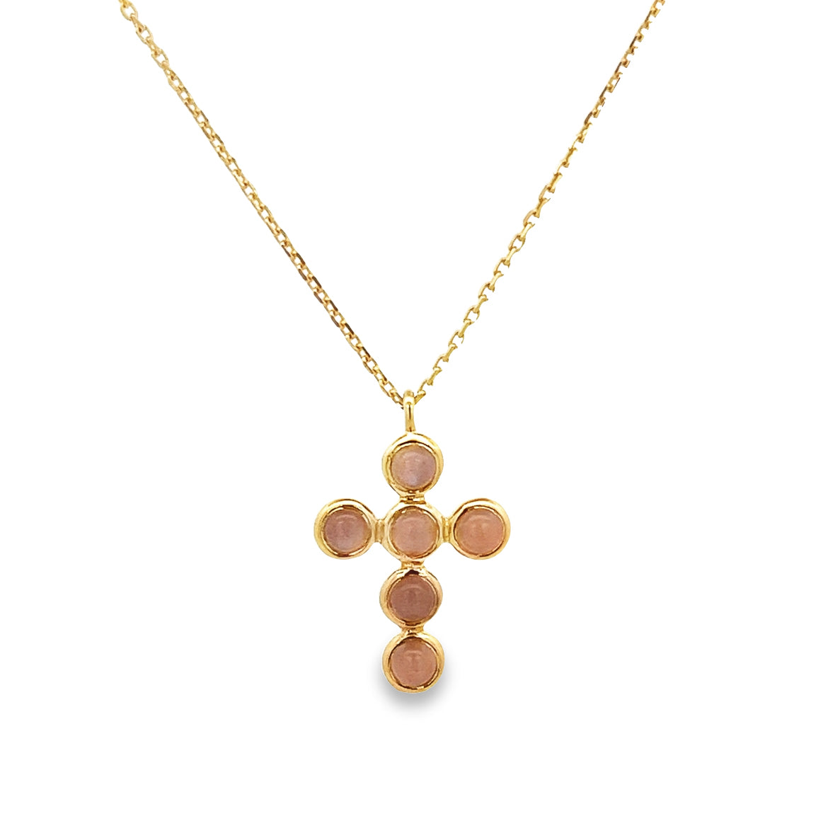 COLLAR DE PLATA 925 CON BISEL EN CRUZ PEQUEÑO Y PIEDRA LUNAR DE MELOCOTÓN