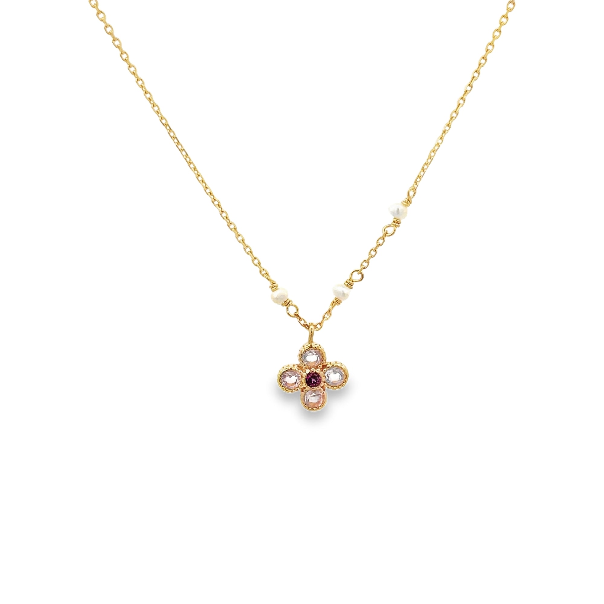 925YG FLOWER ROSE QUARTZ AND PEARLS NECKLACE