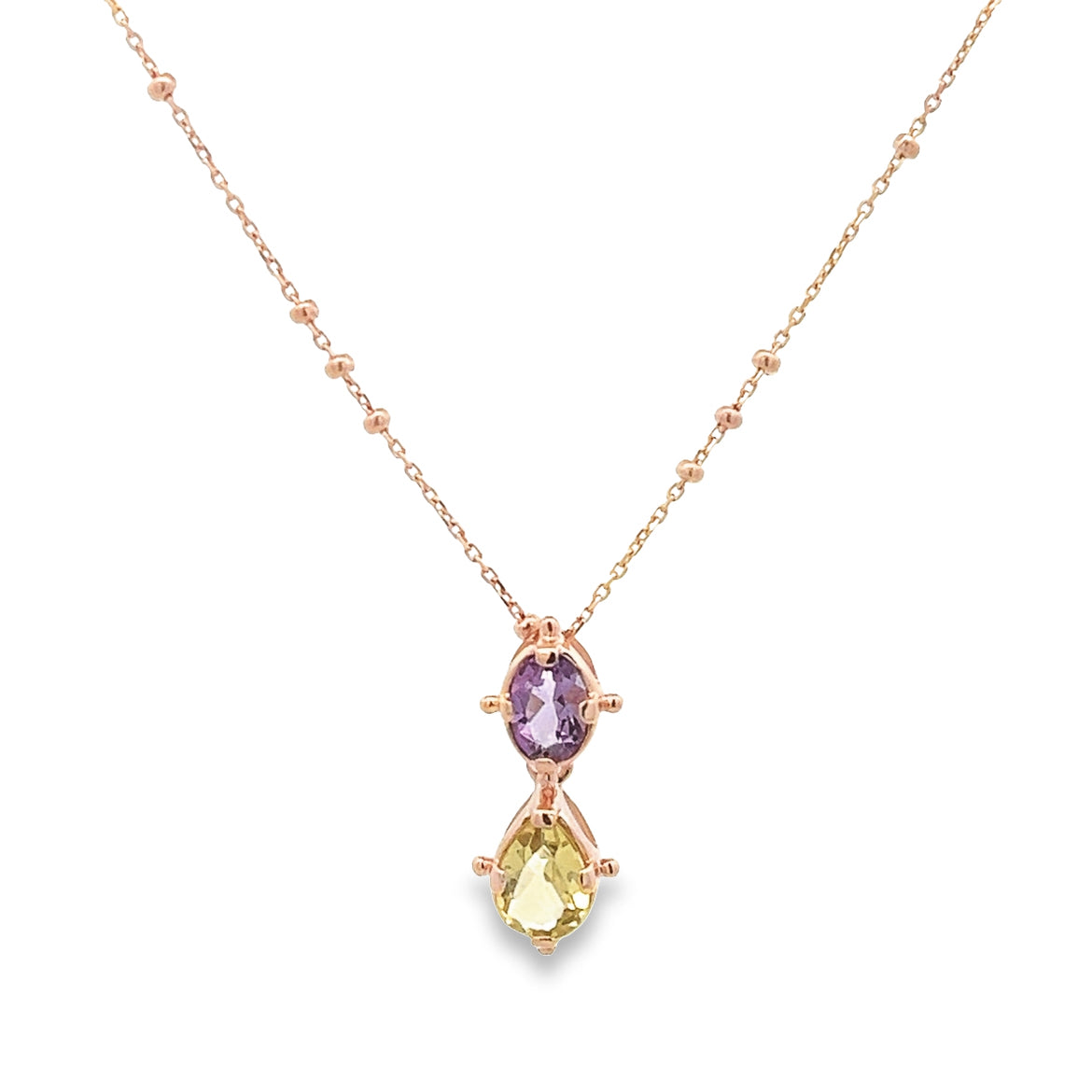 925 SILVER ROSE GOLD NECKLACE WITH OVAL CUT AMETHYST AND PEAR CUT LEMON QUARTZ