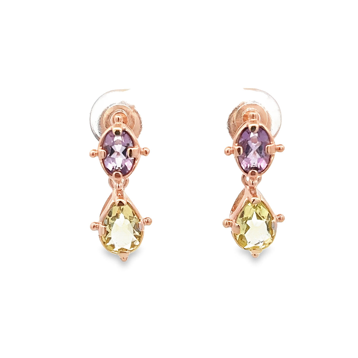 925 SILVER ROSE GOLD EARRINGS WITH OVAL CUT AMETHYST AND PEAR CUT LEMON QUARTZ
