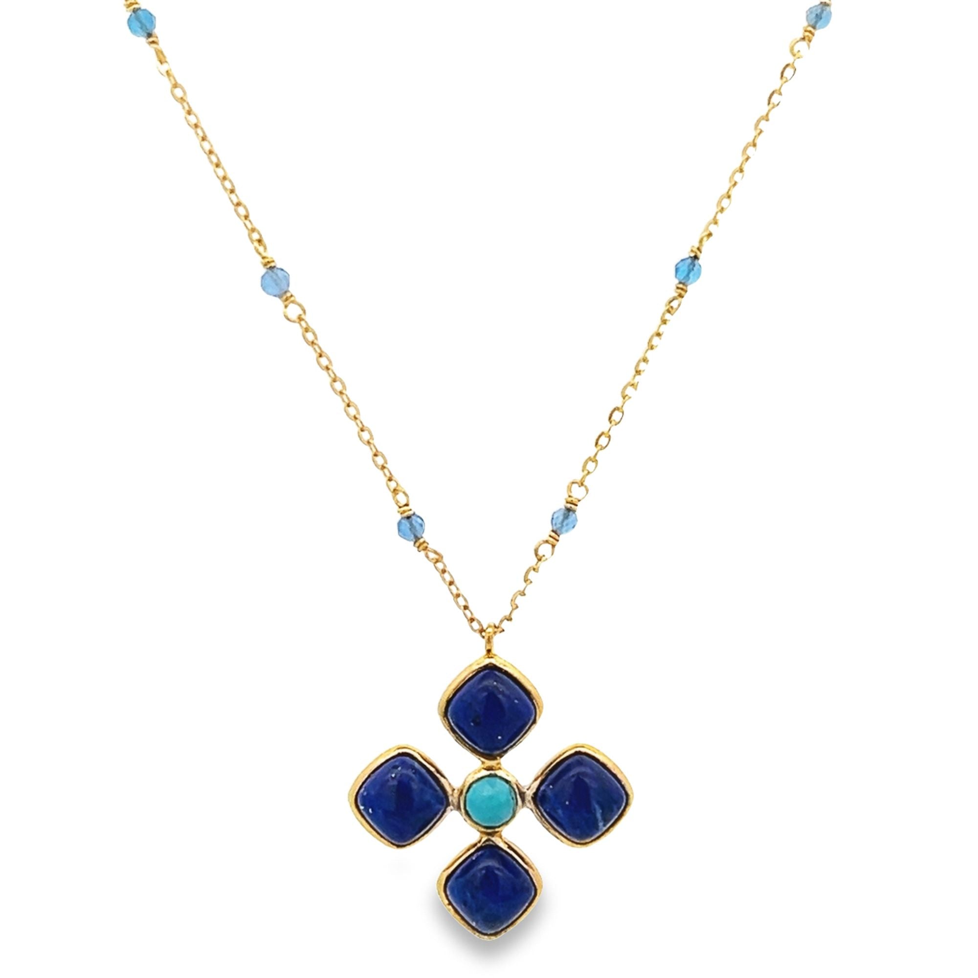 LAPIS LAZULI FOUR PETAL FLOWER WITH CHALCEDONY BEADS ON A CHAIN NECKLACE SET IN 925 GOLD PLATED