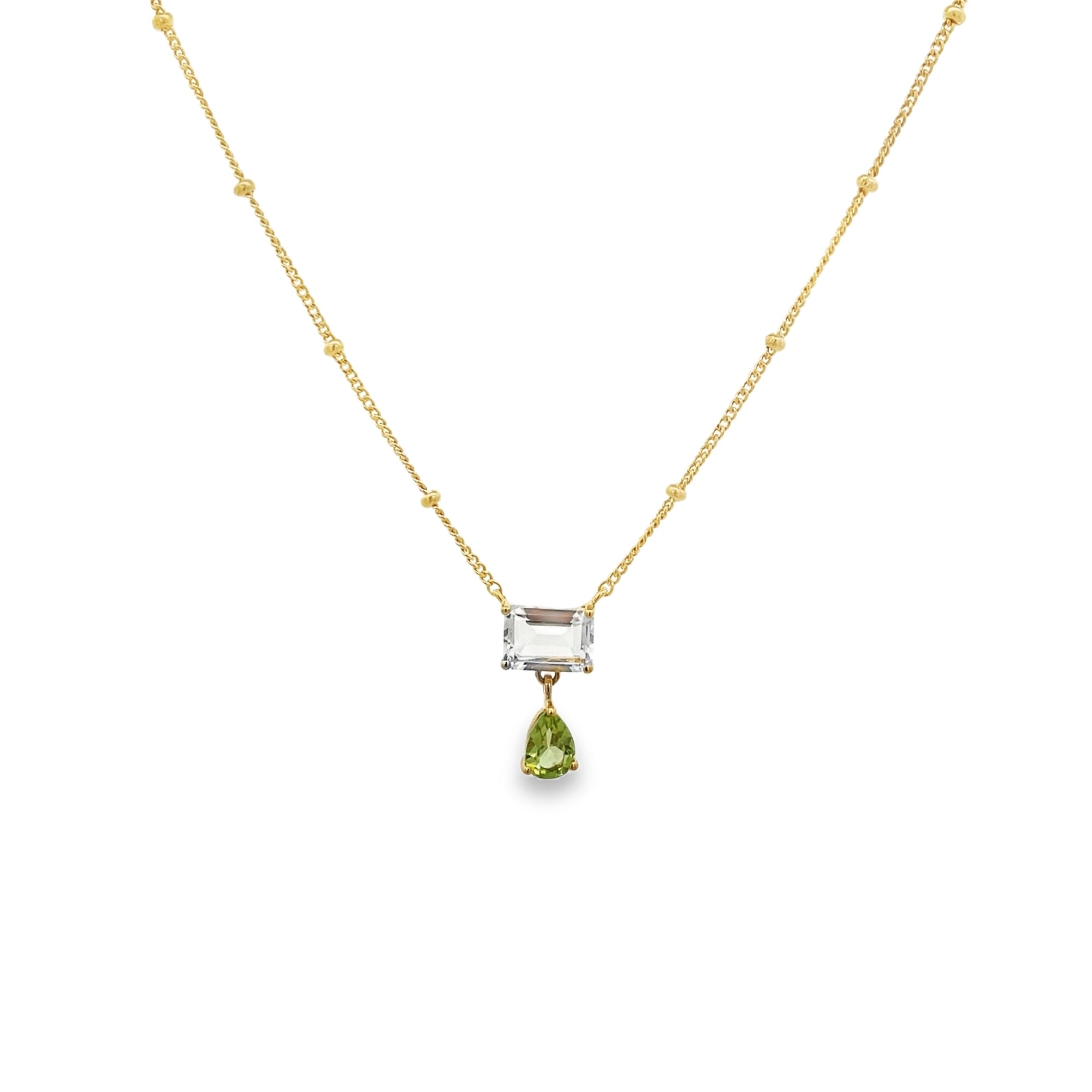PERIDOT PEAR CUT BAGUETTE NECKLACE SET IN 925 GOLD PLATED