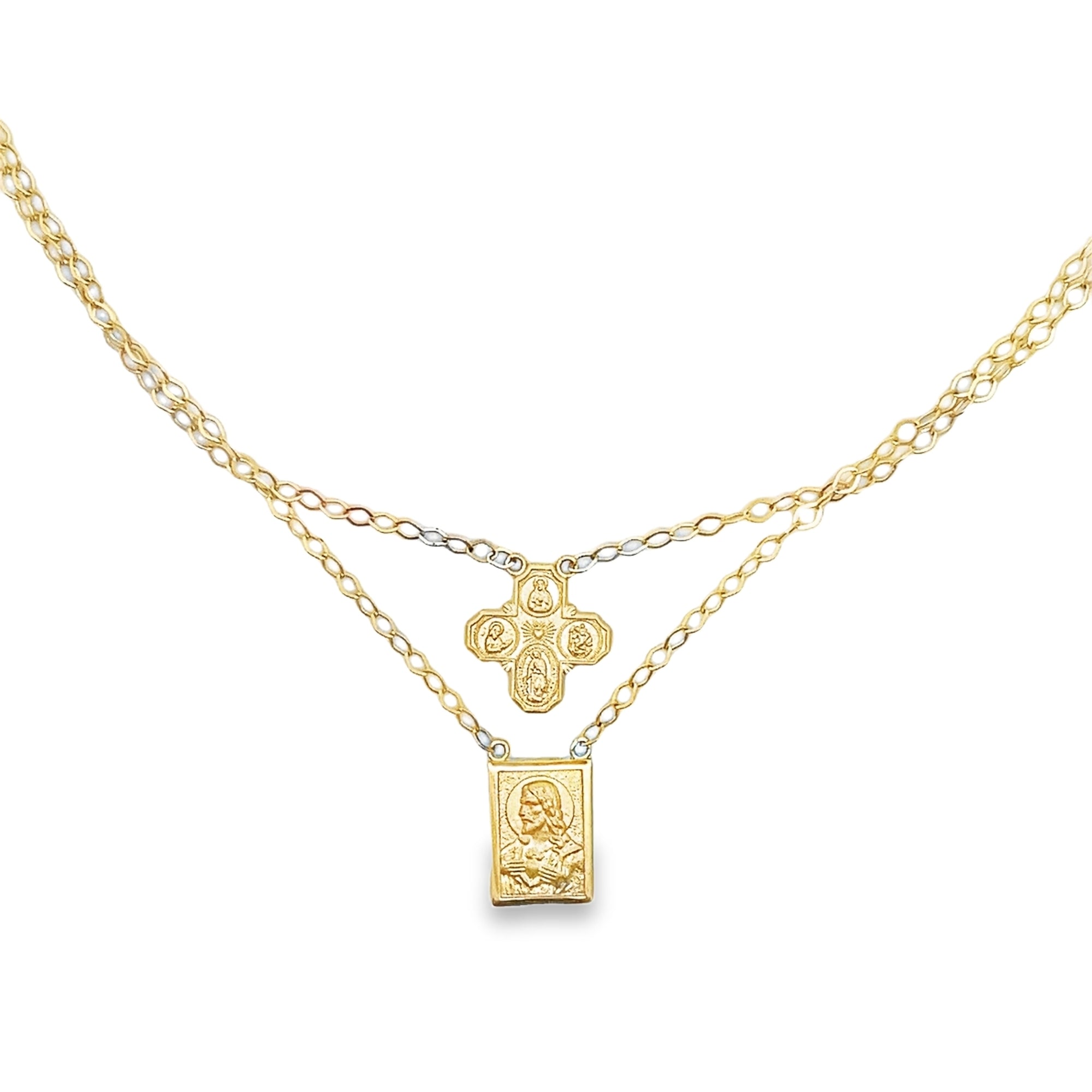 4 WAY CROSS AND SACRED HEART SCAPULAR NECKLACE SET IN 14K YELLOW GOLD