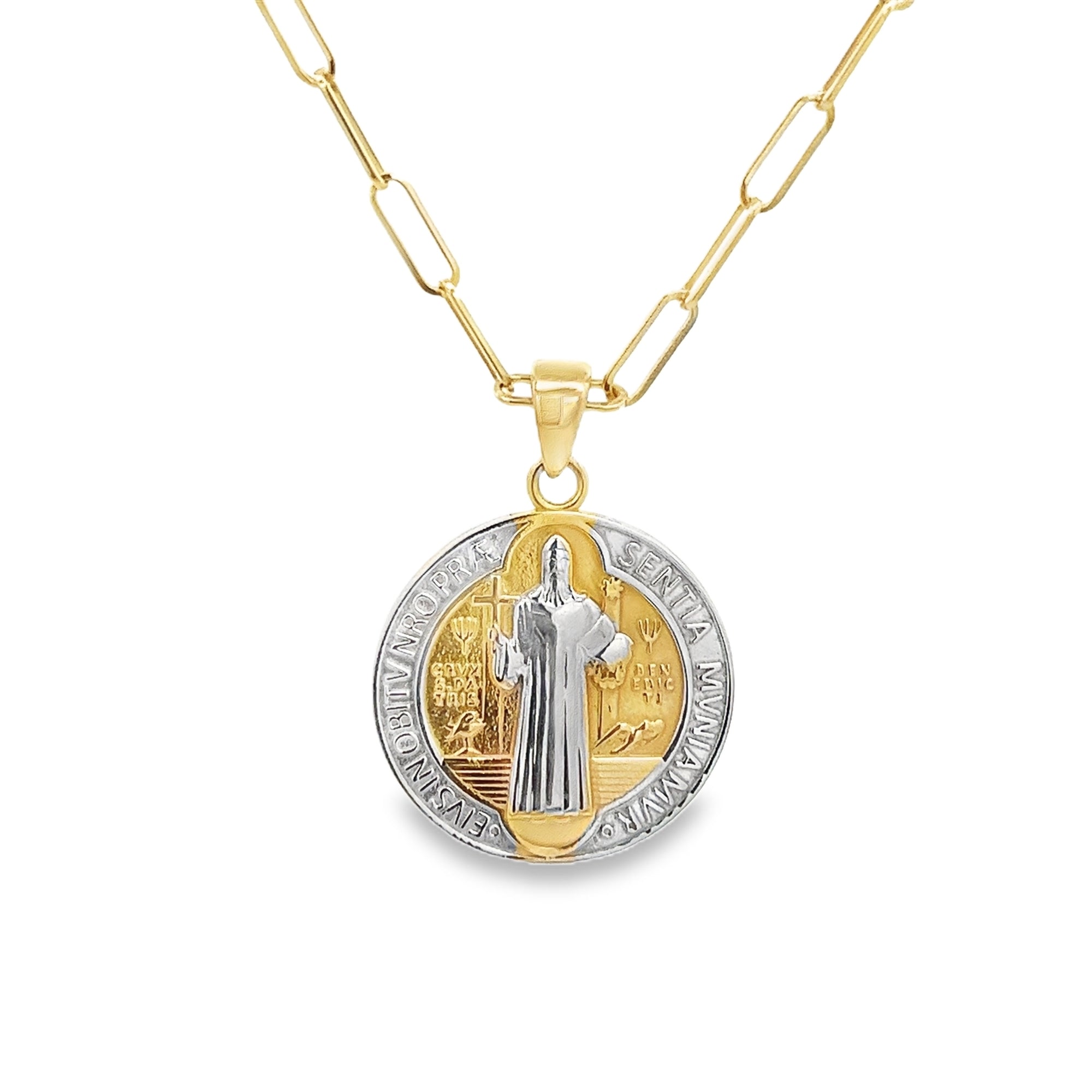 SAINT BENEDICT MEDAL SET IN 14K YELLOW AND WHITE GOLD