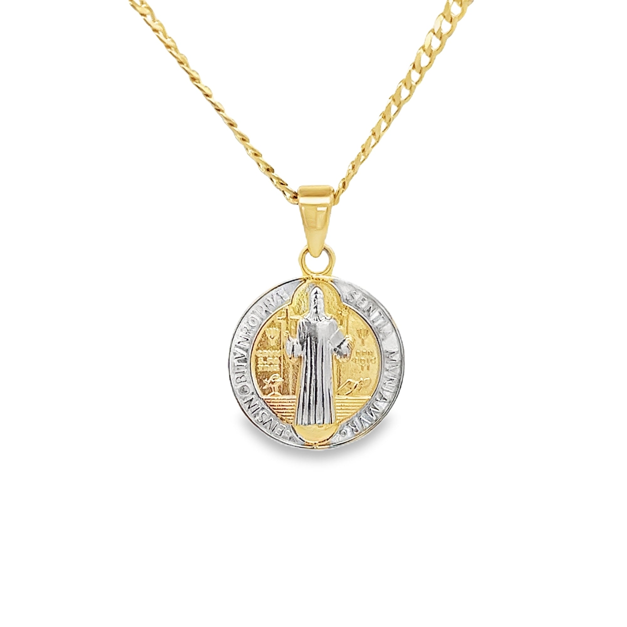 SAINT BENEDICT SMALL MEDAL SET IN 14K YELLOW AND WHITE GOLD