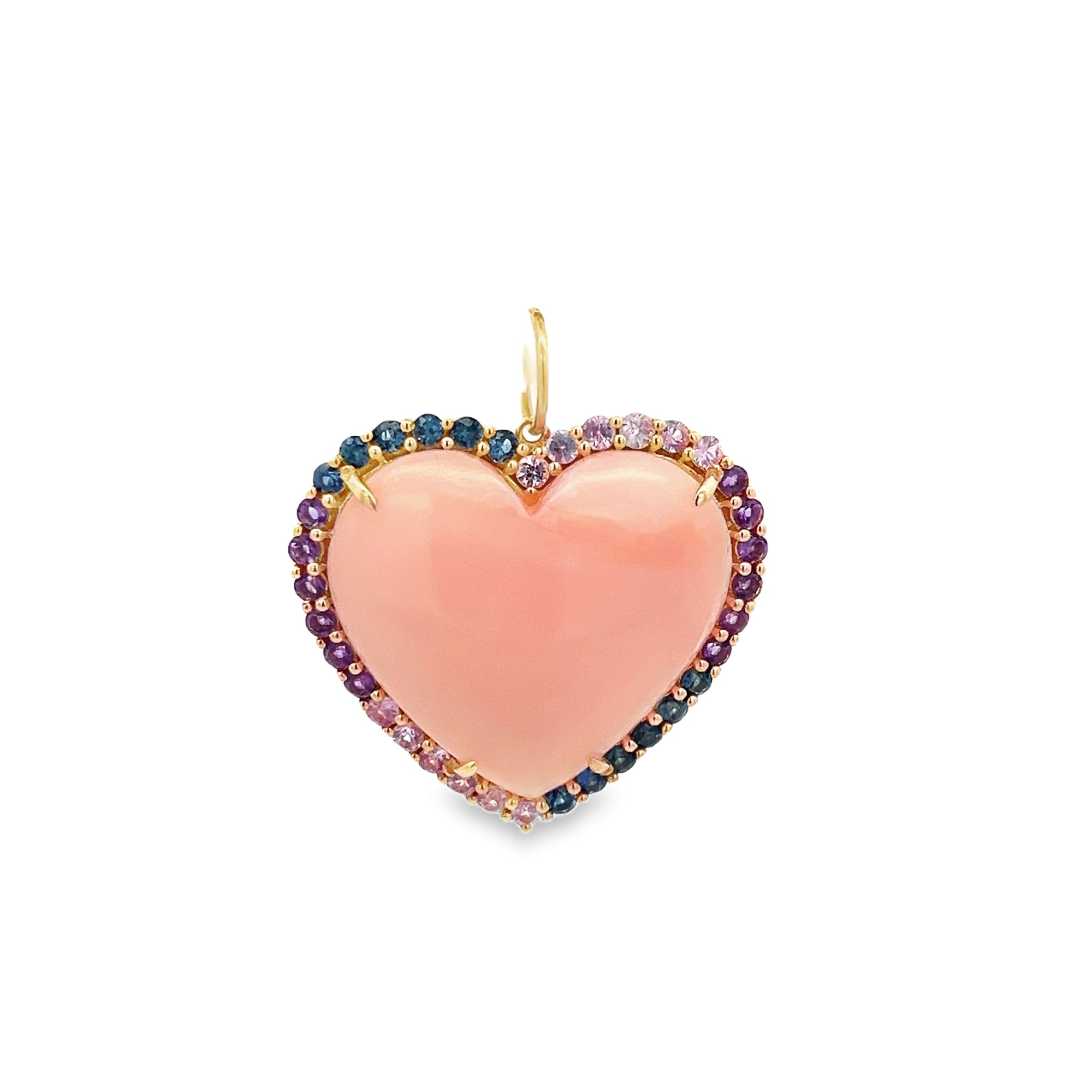 PINK OPAL SURROUNDED BY MULTIPLE-SAPPHIRE HALO CHARM SET IN 14K YELLOW GOLD
