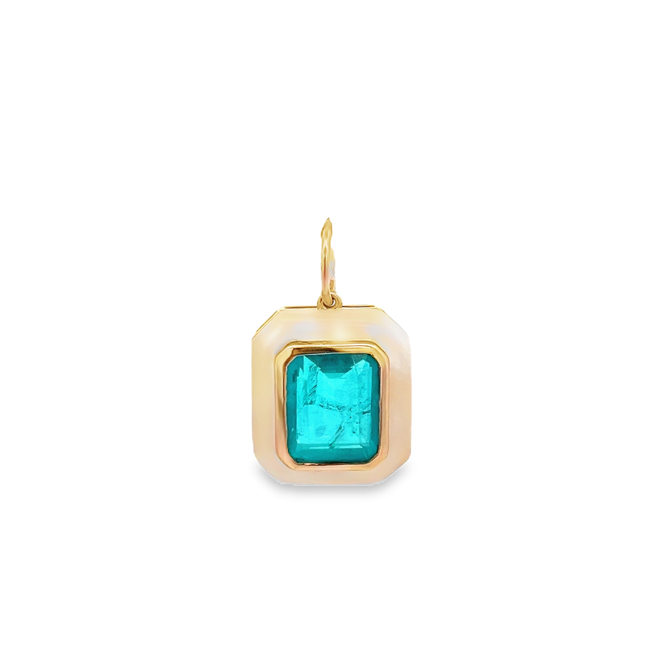 APATITE AND MOTHER OF PEARL OCTAGONAL CHARM SET IN 14K YELLOW GOLD