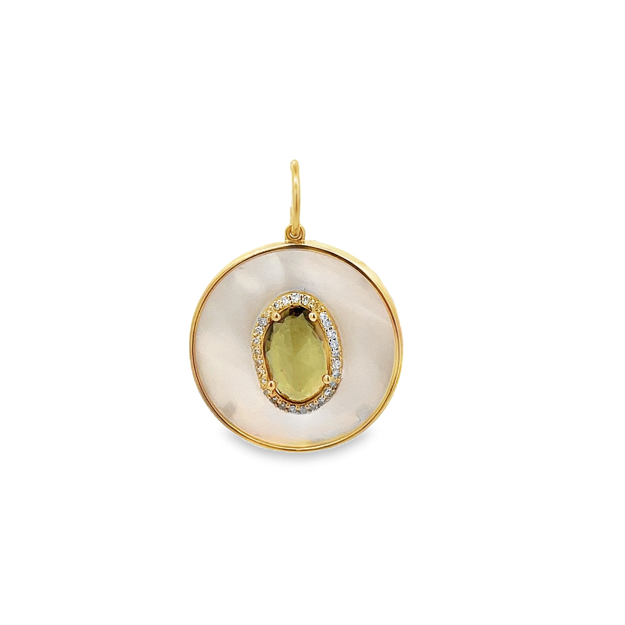MOTHER OF PEARL AND TOURMALINE CENTER STONE CHARM SET IN 14K YELLOW GOLD