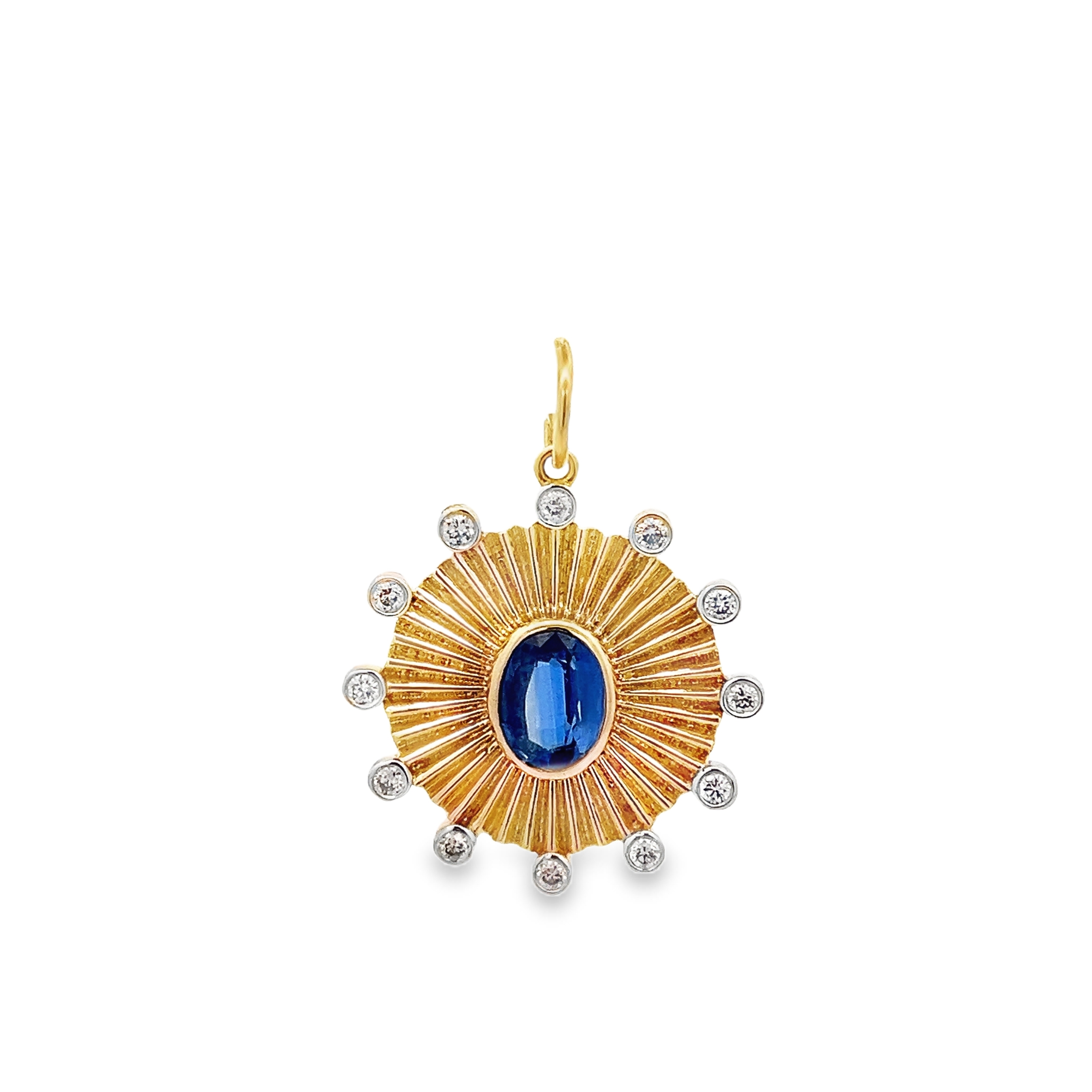 BLUE SAPPHIRE IN TEXTURED COIN SURROUNDED BY DIAMONDS CHARM SET IN 14K YELLOW GOLD