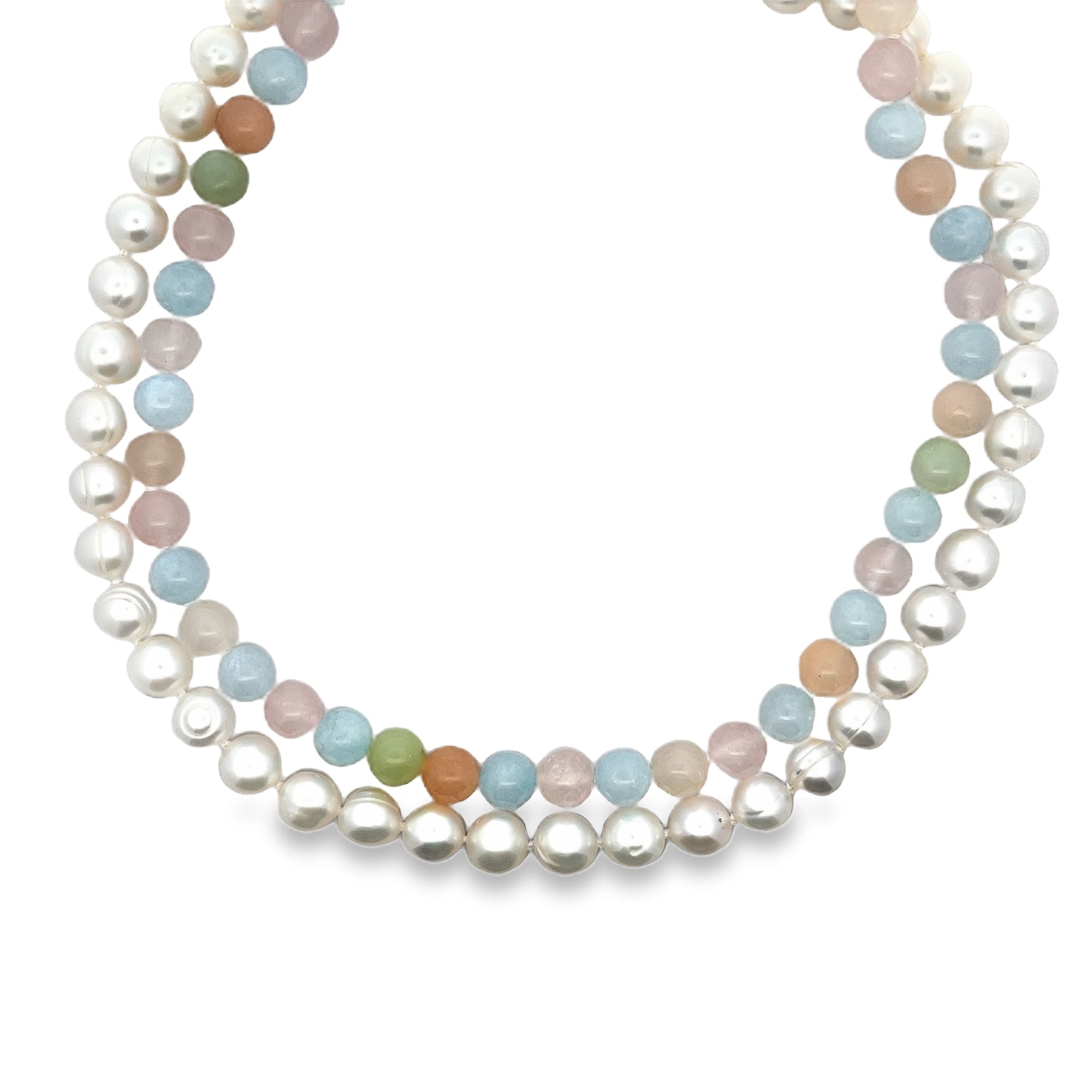 2 STRANDSWHITE PEARL AND ROUND MULTICOLOR 9MM TOGGLE CLASP NECKLACE