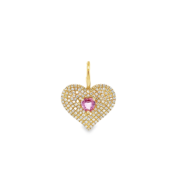 PINK SAPPHIRE AND DIAMOND PAVÉ HEART CHARM SET IN 14K YELLOW GOLD