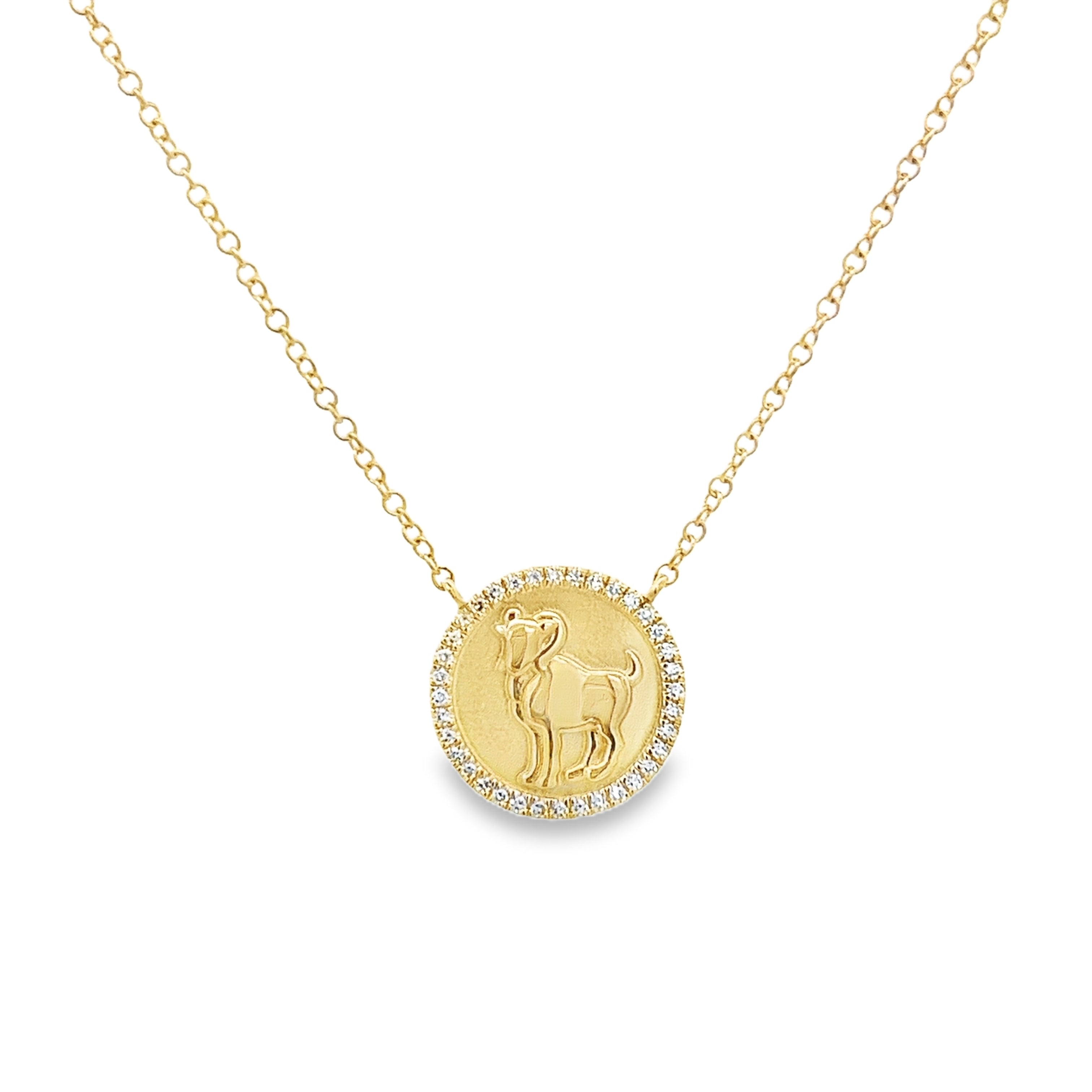 ARIES ZODIAC PENDANT WITH DIAMOND HALO NECKLACE IN 14K YELLOW GOLD