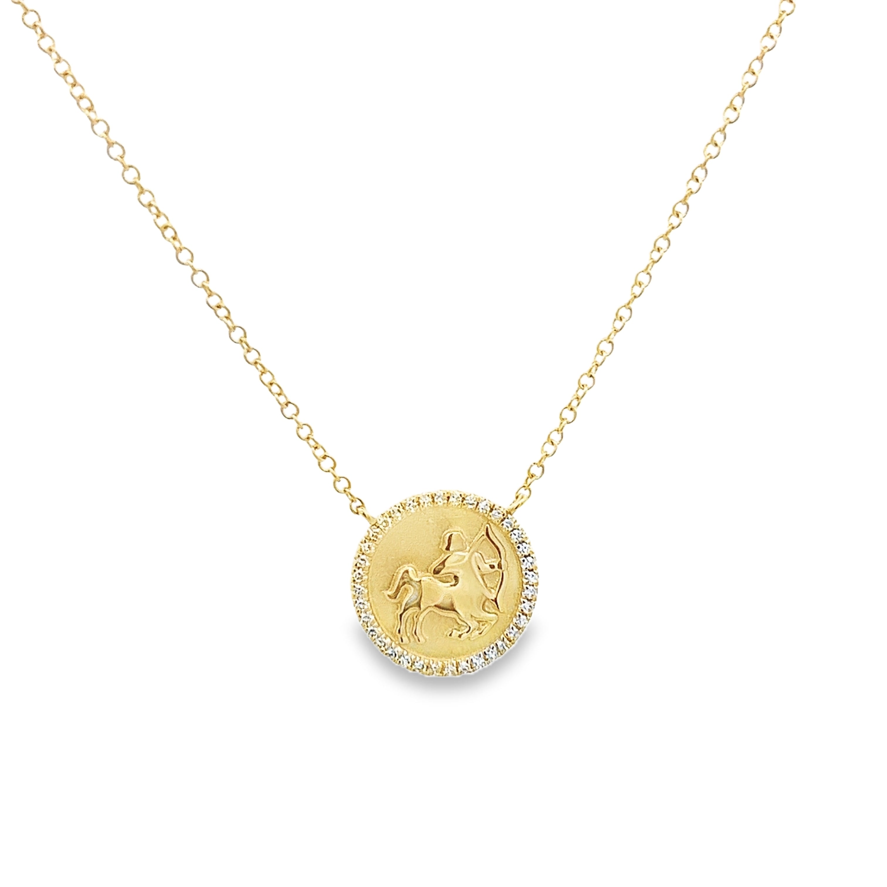 SAGITTARIUS ZODIAC PENDANT WITH DIAMOND HALO IN 14K YELLOW GOLD