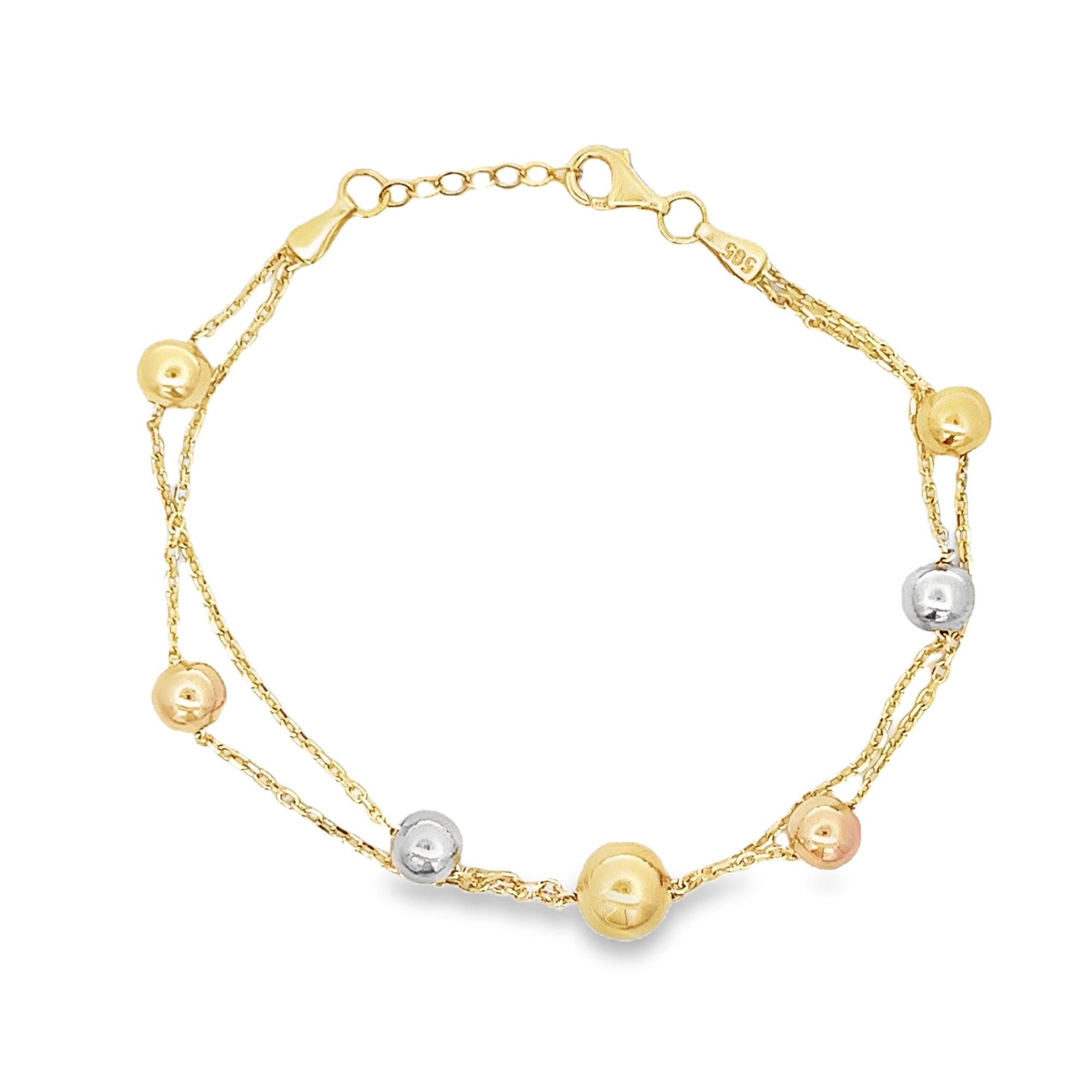 14KY MULTI STATION BEADED TRIPLE TONE BRACELET