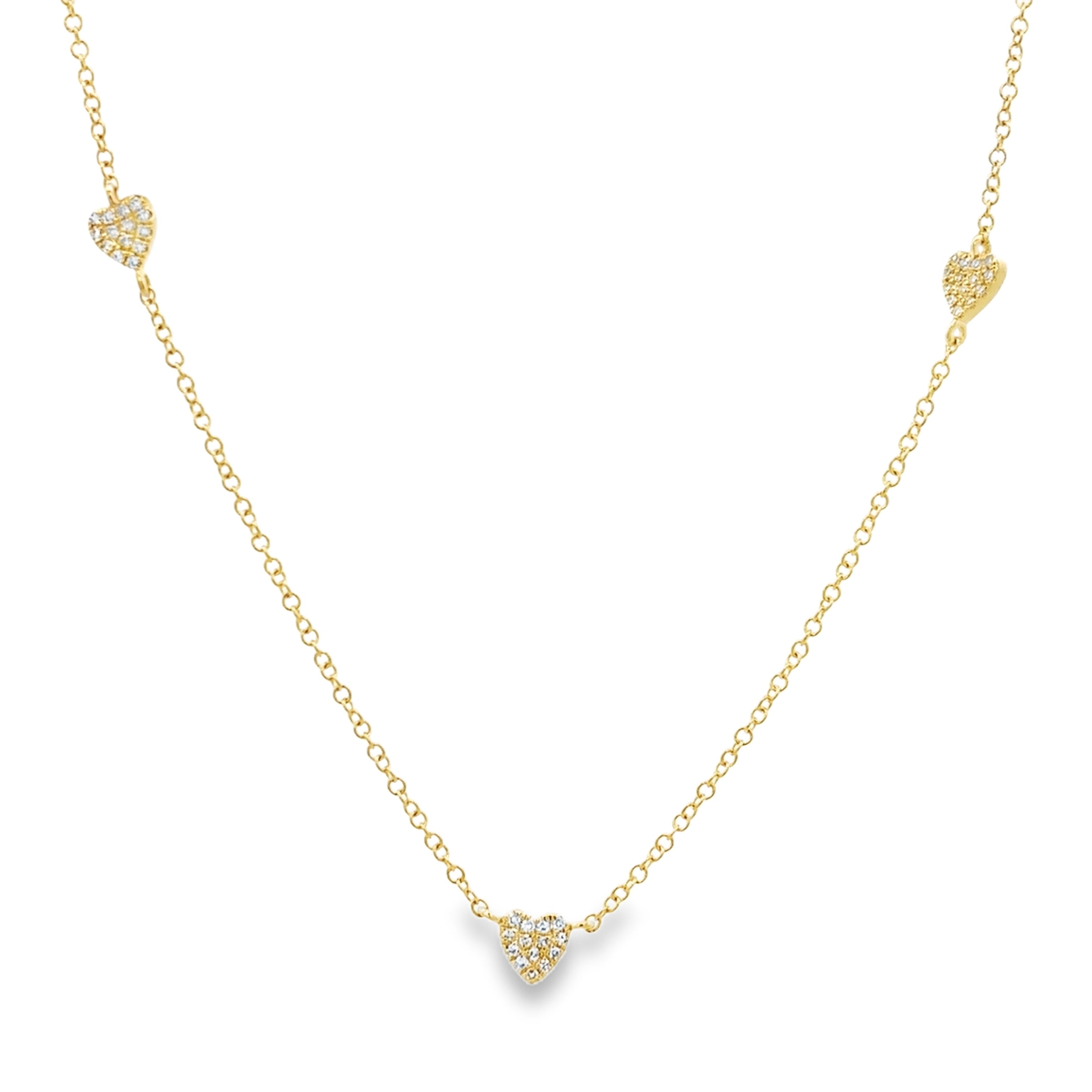 D0.15CT 14KY HEARTS PAVE STATION NECKLACE