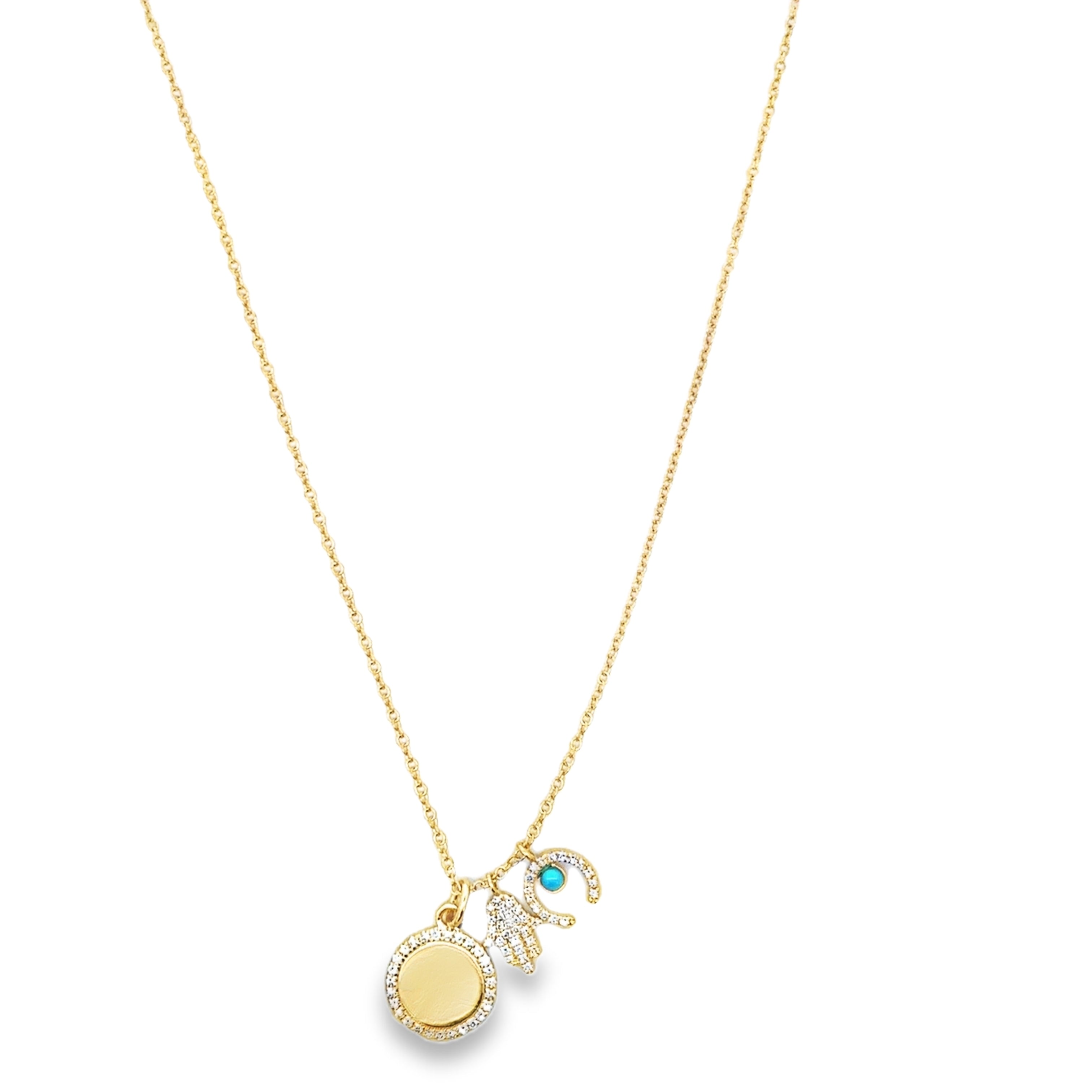 D0.17CT 14KY MULTI CHARM COIN HAMSA HALF MOON NECKLACE TQ0.05CT