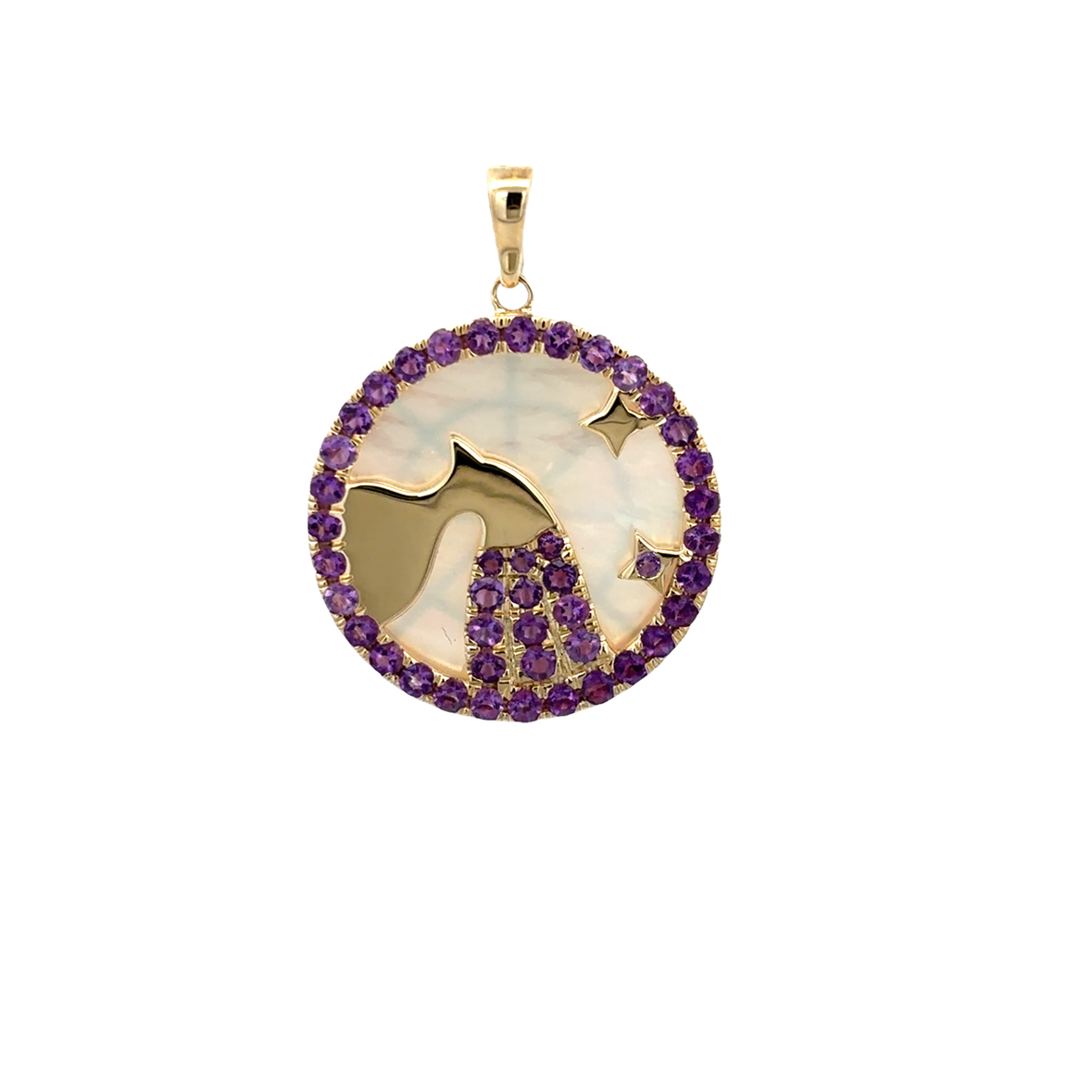 14KY AQUARIUS ZODIAC MOP AND AMETHYST PENDANT ST7.18CT